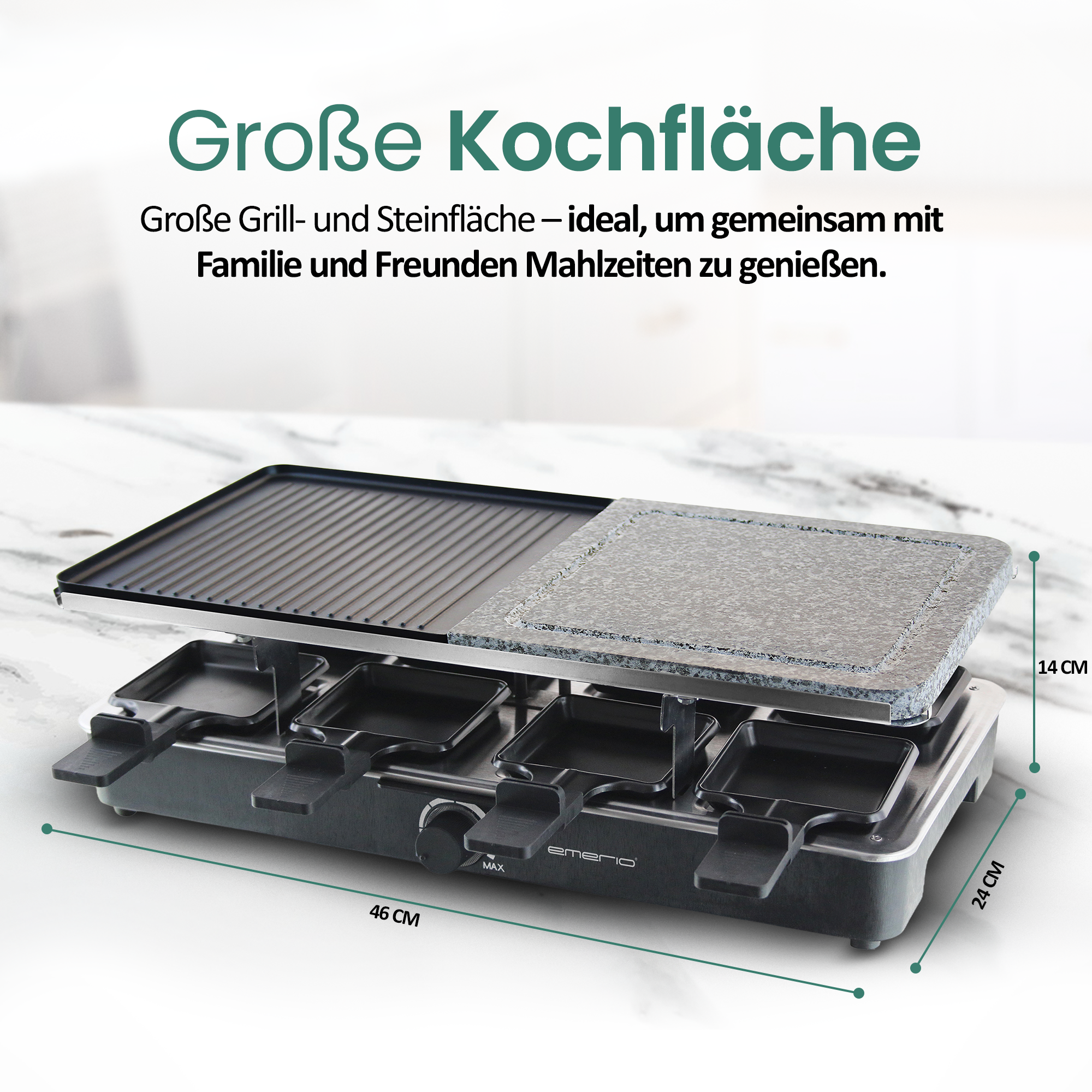 Raclette-Grill mit Grillplatte und Steinplatte, inkl. Pfännchen.