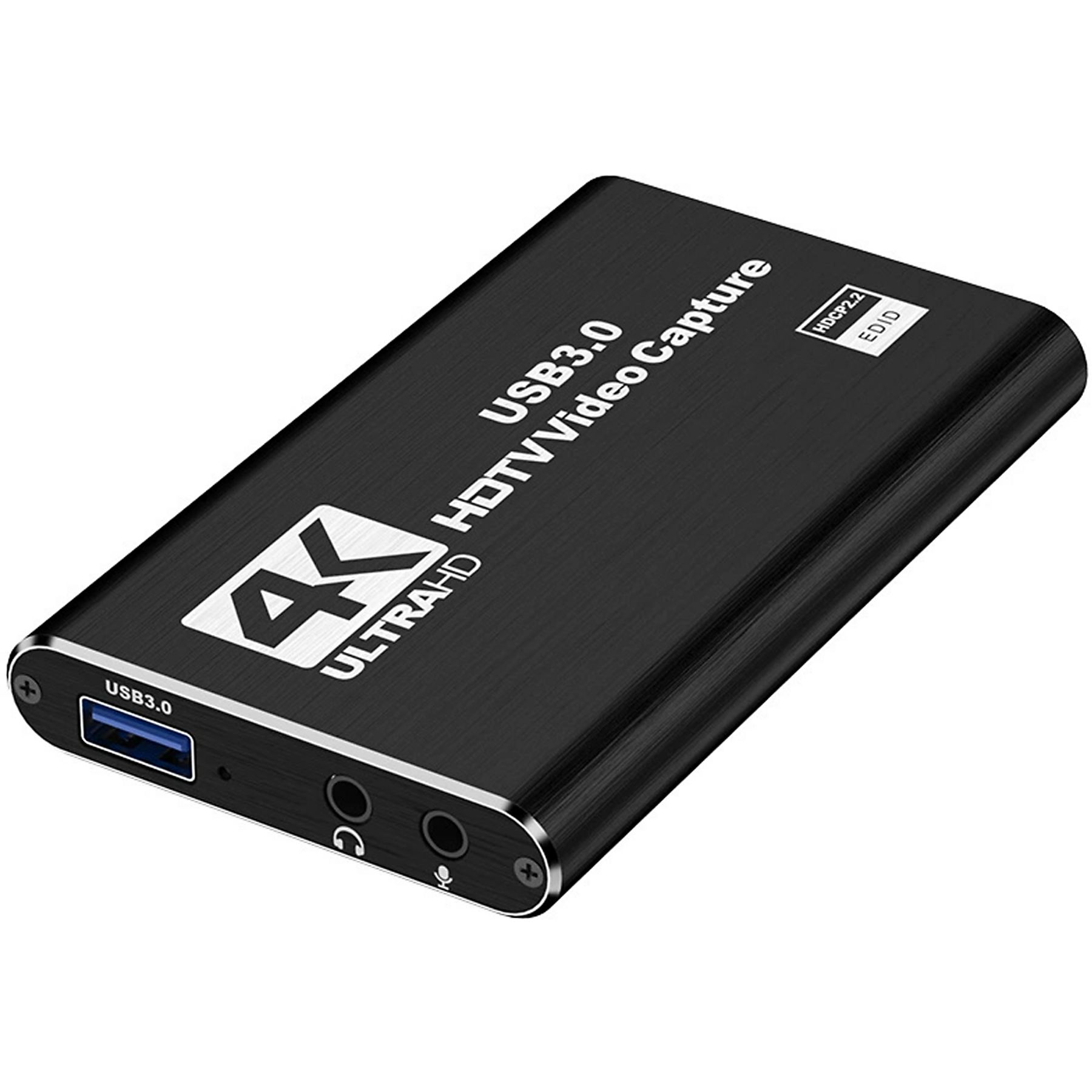 Schwarzer 4K USB3.0 HDTV Video Capture Stick mit Anschlüssen und Beschriftung.