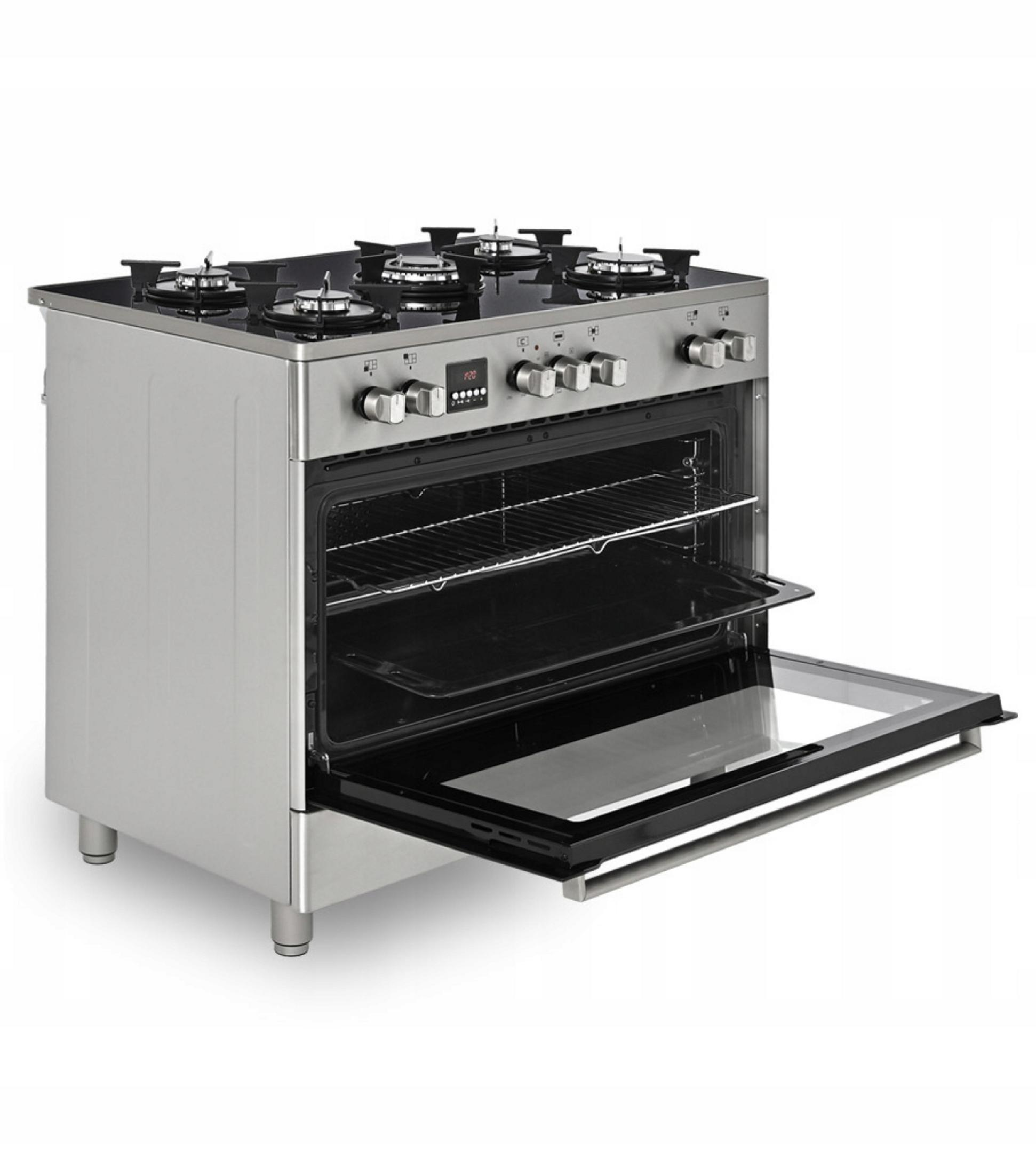 Piekarnik ze stali nierdzewnej z otwartymi drzwiami i płytą gazową.