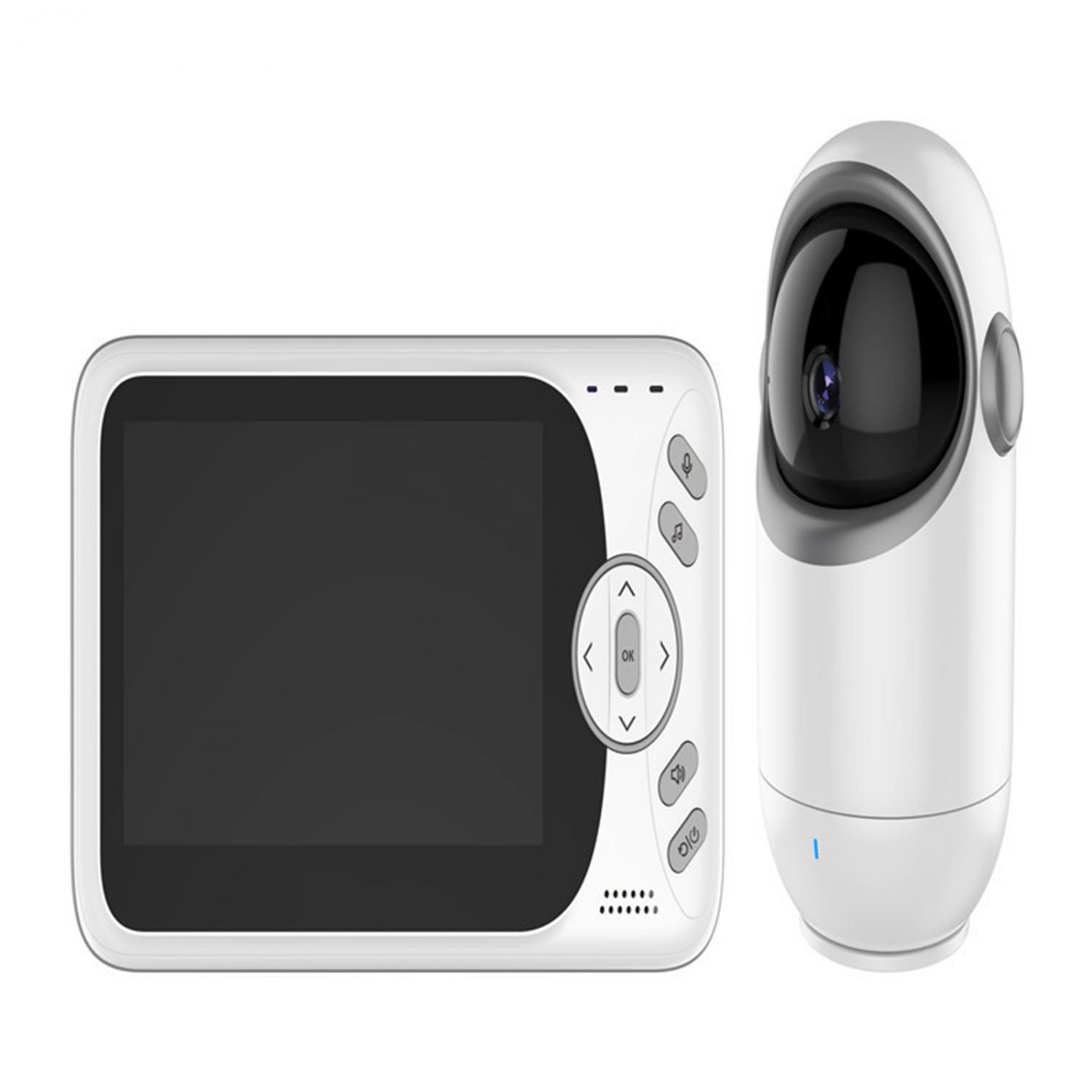 Ein weißer Babyfon-Monitor und eine Kamera nebeneinander auf weißem Grund.