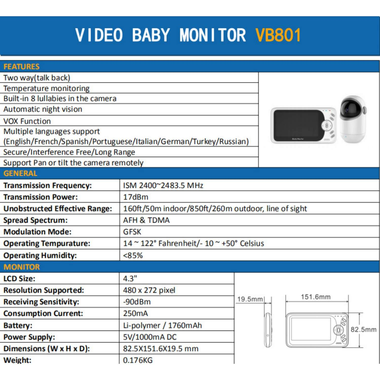 Video Baby Monitor VB801 Spezifikationen mit Abmessungen des Monitors.