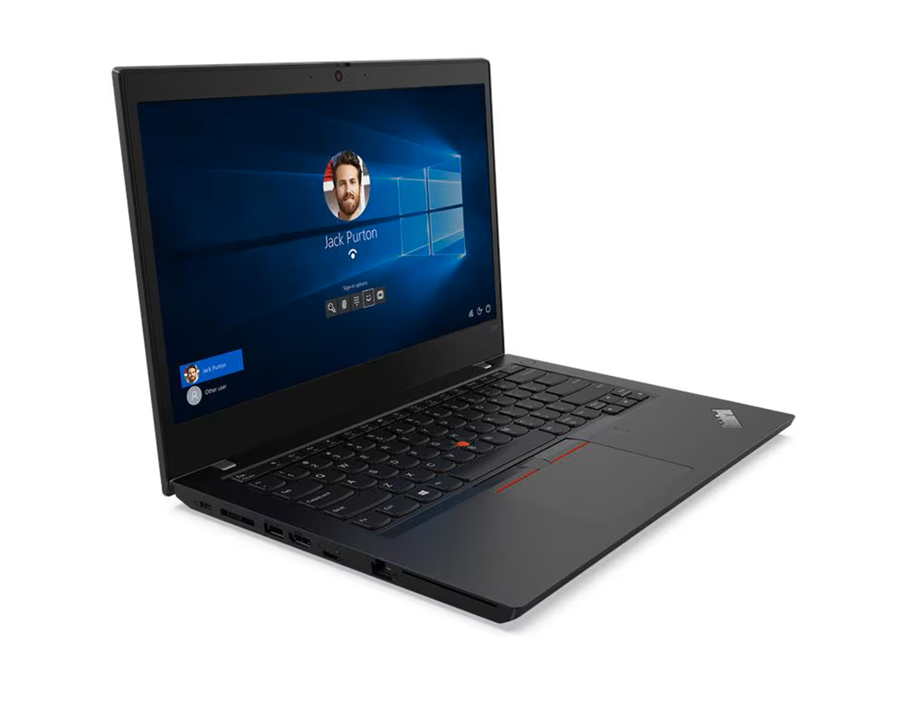 Ein offener schwarzer Laptop mit einem Anmeldebildschirm, der ein Porträt und Namen zeigt.