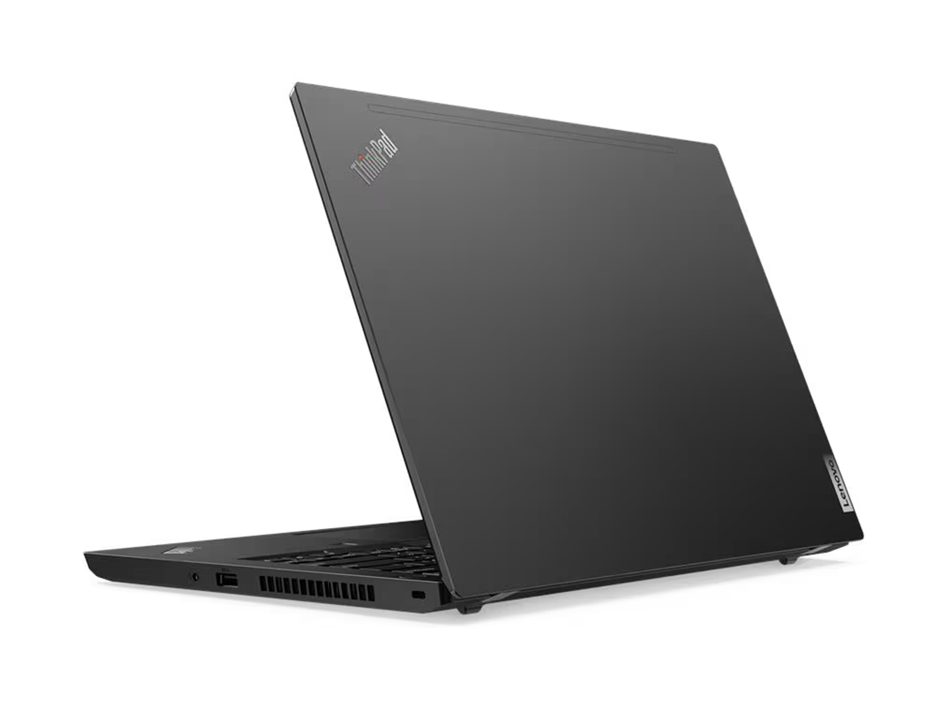 Ein schwarzer Lenovo ThinkPad Laptop wird von hinten schräg vor weißem Hintergrund gezeigt.