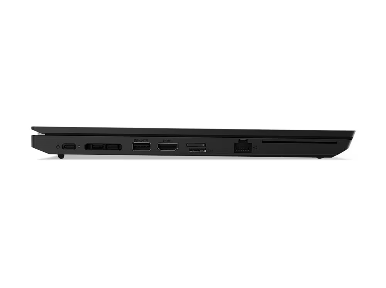 Schwarzer Laptop mit mehreren Anschlüssen: USB, HDMI, Ethernet.