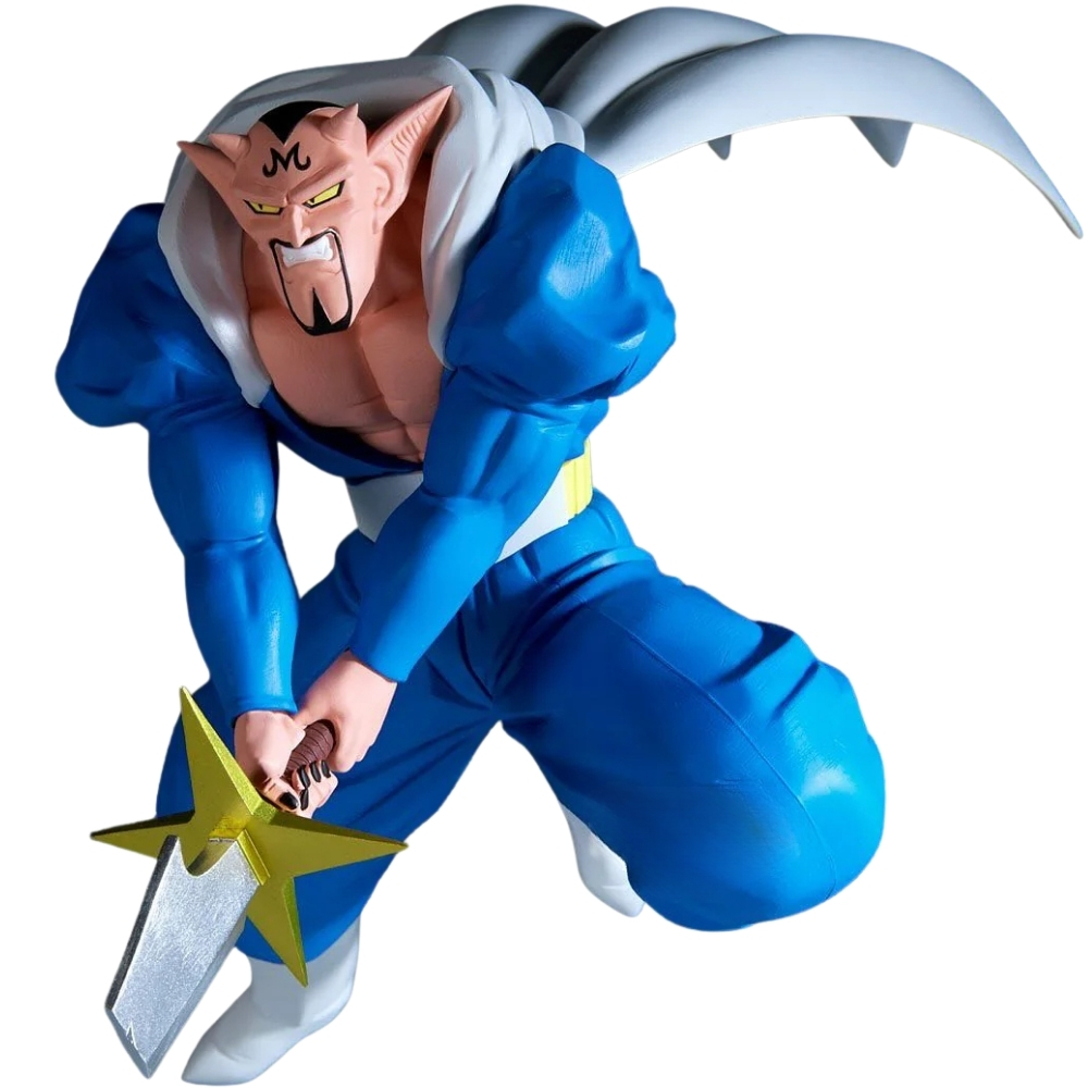 Figura di uomo in abito blu con spada, mantello bianco e simbolo M sulla fronte.