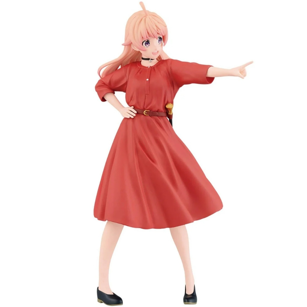 Anime-Figur in rotem Kleid mit blonden Haaren, die auf etwas zeigt.