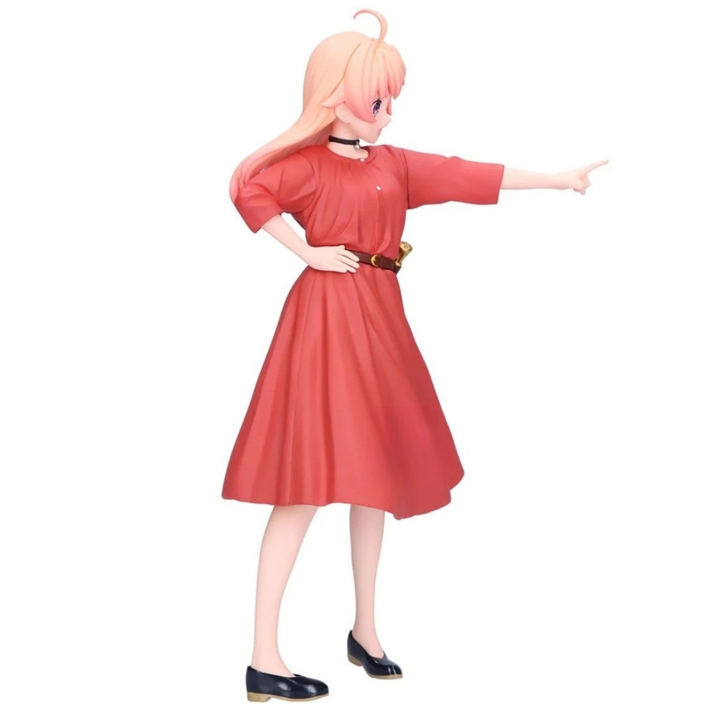 Eine Anime-Figur in einem roten Kleid und schwarzen Schuhen zeigt nach rechts.