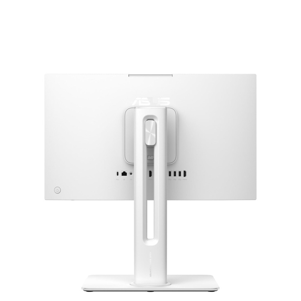 Tył białego monitora ze stojakiem i portami.