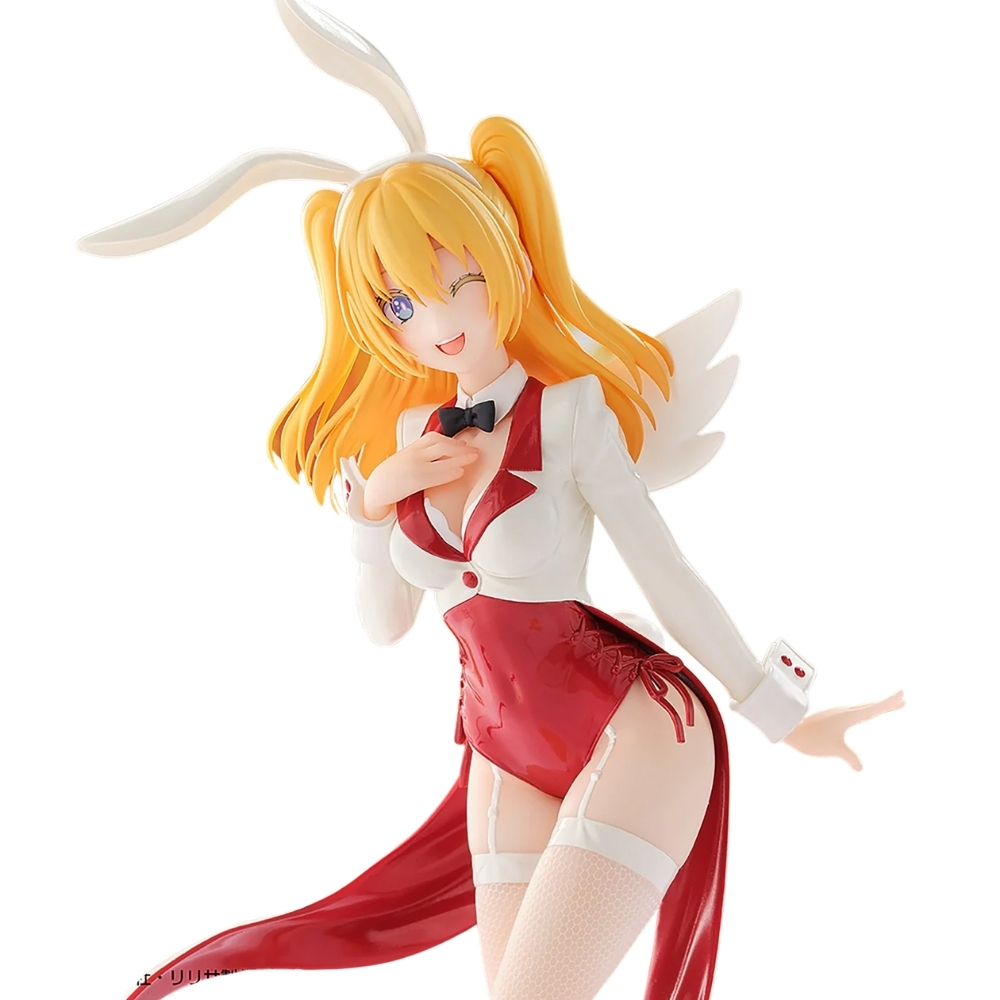 Figura anime con capelli biondi, orecchie da coniglio, blazer bianco, body rosso e calze a rete.