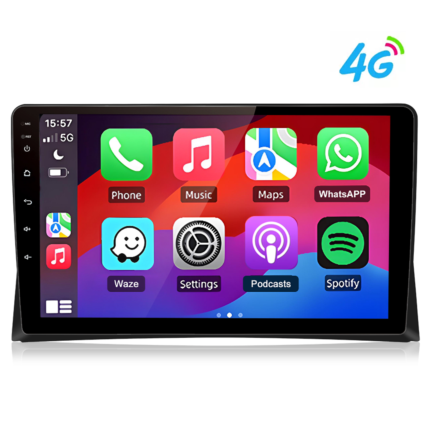 Auto-Infotainment-Bildschirm mit App-Symbolen: Telefon, Musik, Karten, WhatsApp, Waze, Einstellungen, Podcasts, Spotify.