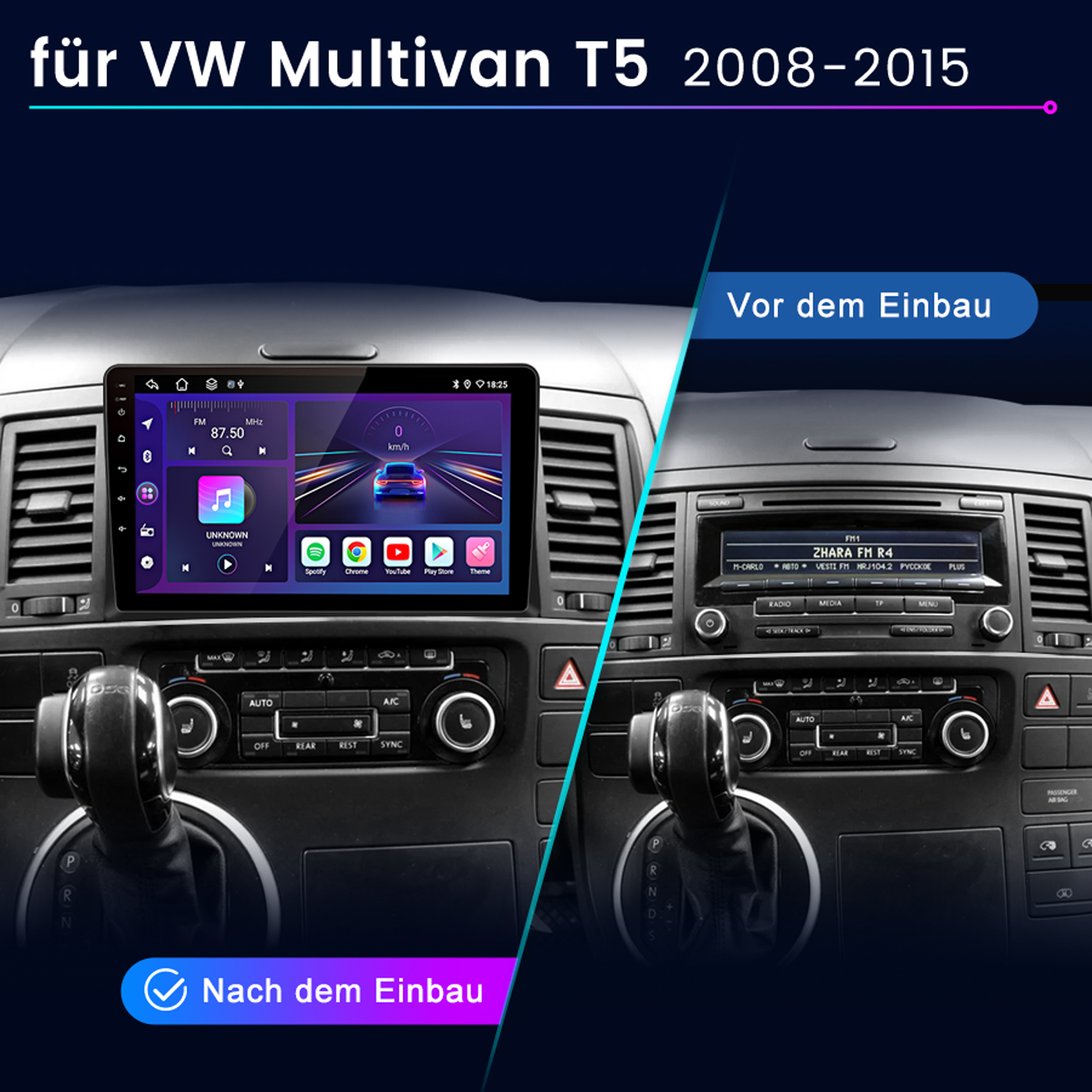 Vergleich eines VW Multivan T5 Armaturenbretts vor und nach dem Einbau eines neuen Infotainmentsystems.