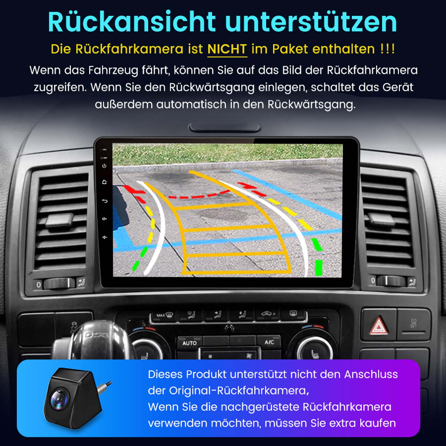 Autoinnenraum mit Display, das Rückfahrkamera-Bild zeigt. Kleine Kamera unten.