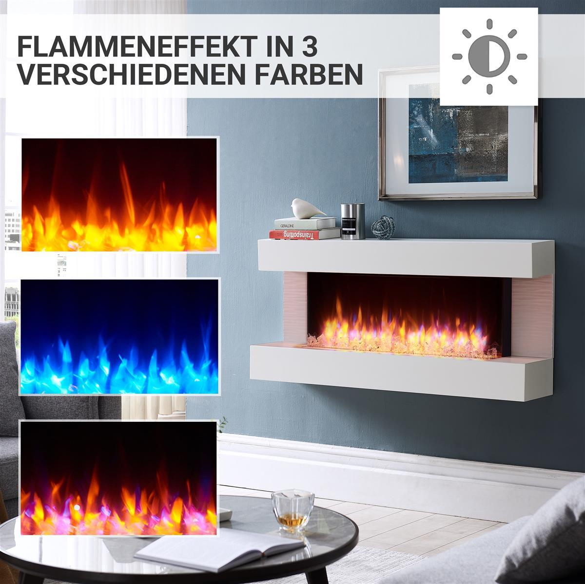 Moderner weißer Elektrokamin mit Flammeneffekten in Rot, Blau und Mehrfarbig.