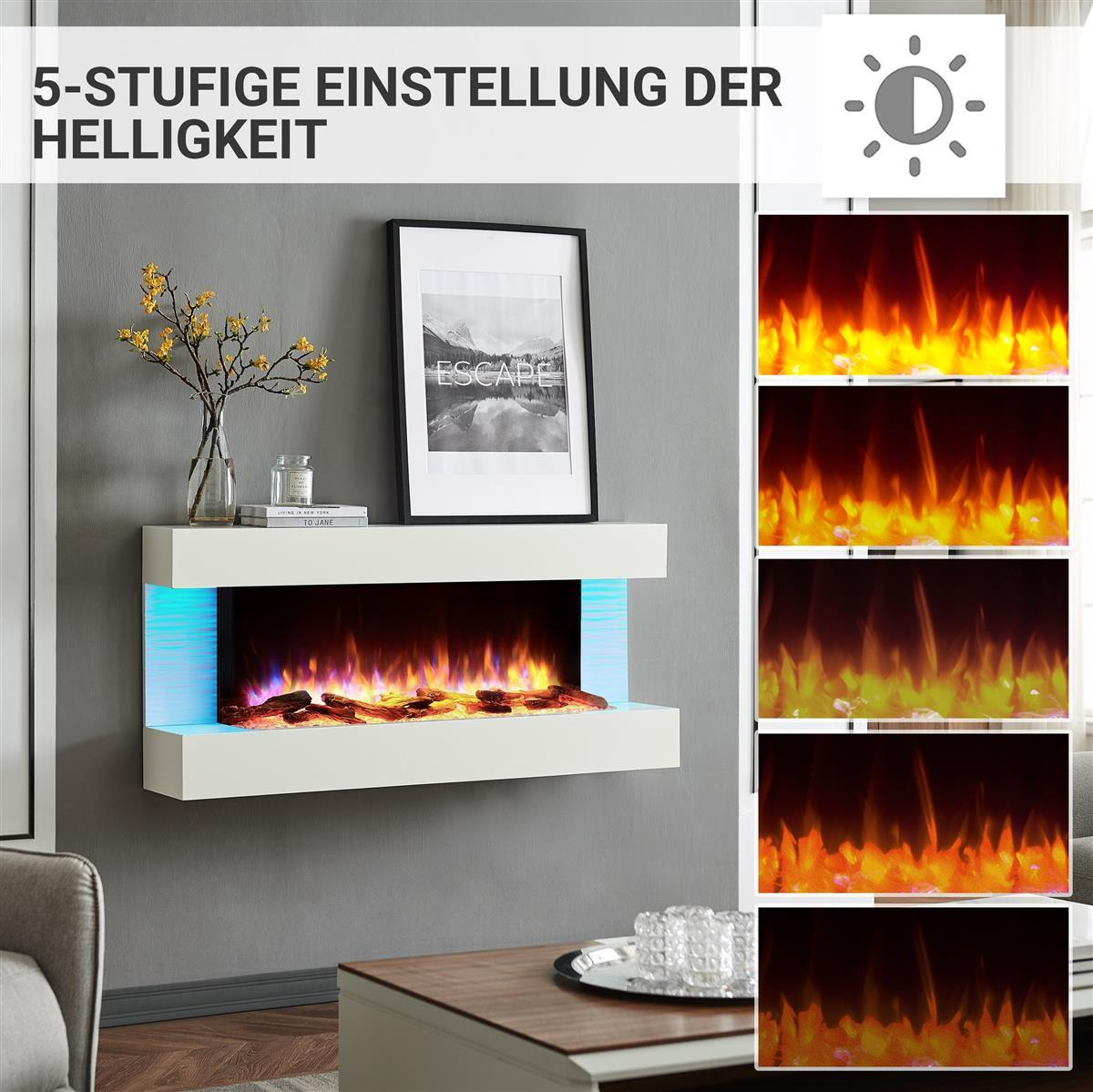 Ein moderner weißer Kaminsims mit blauem Licht und Flammen. 5 Helligkeitsstufen.