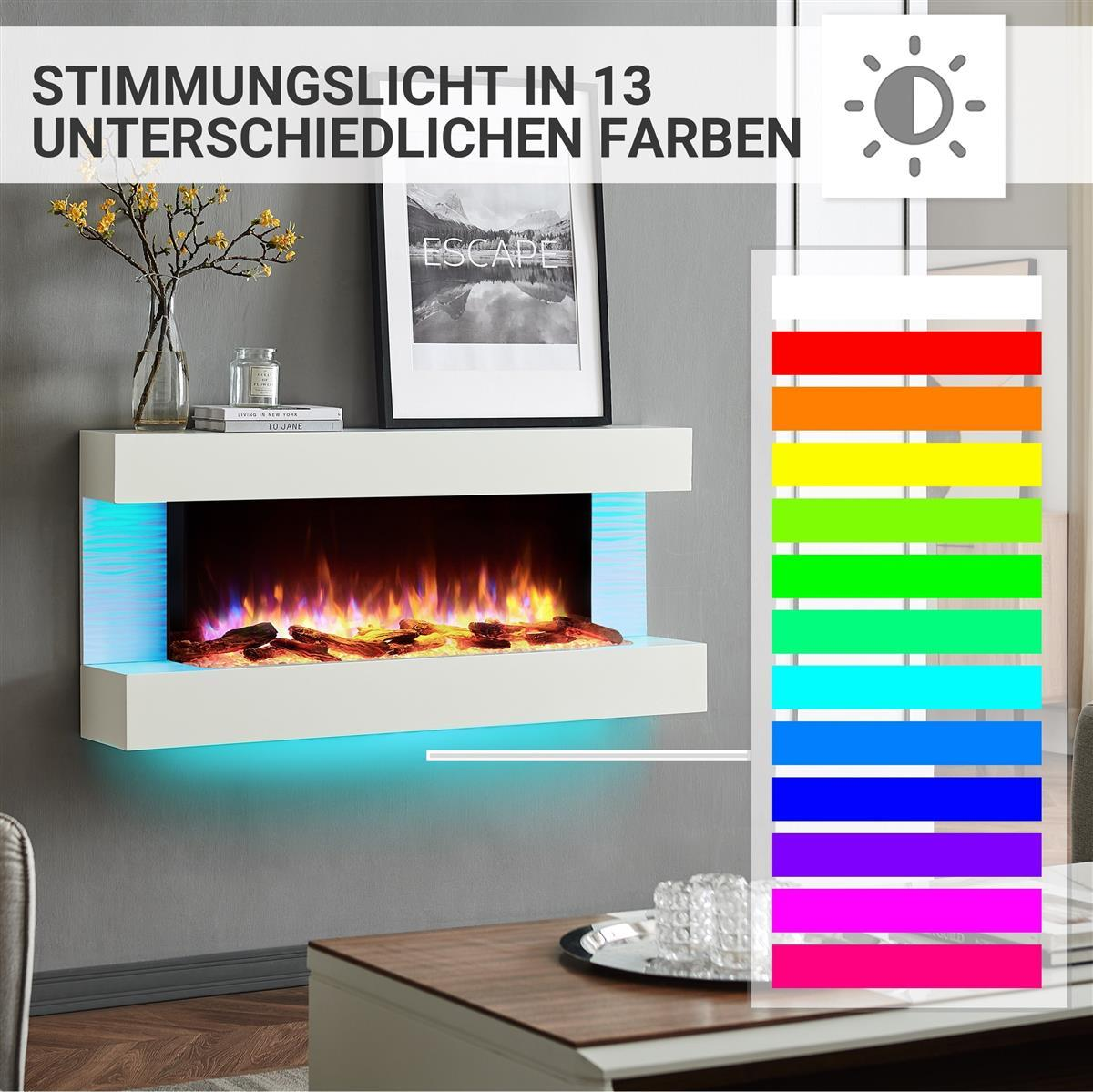 Ein weißer Elektrokamin mit Flammen, beleuchtet in verschiedenen Farben.