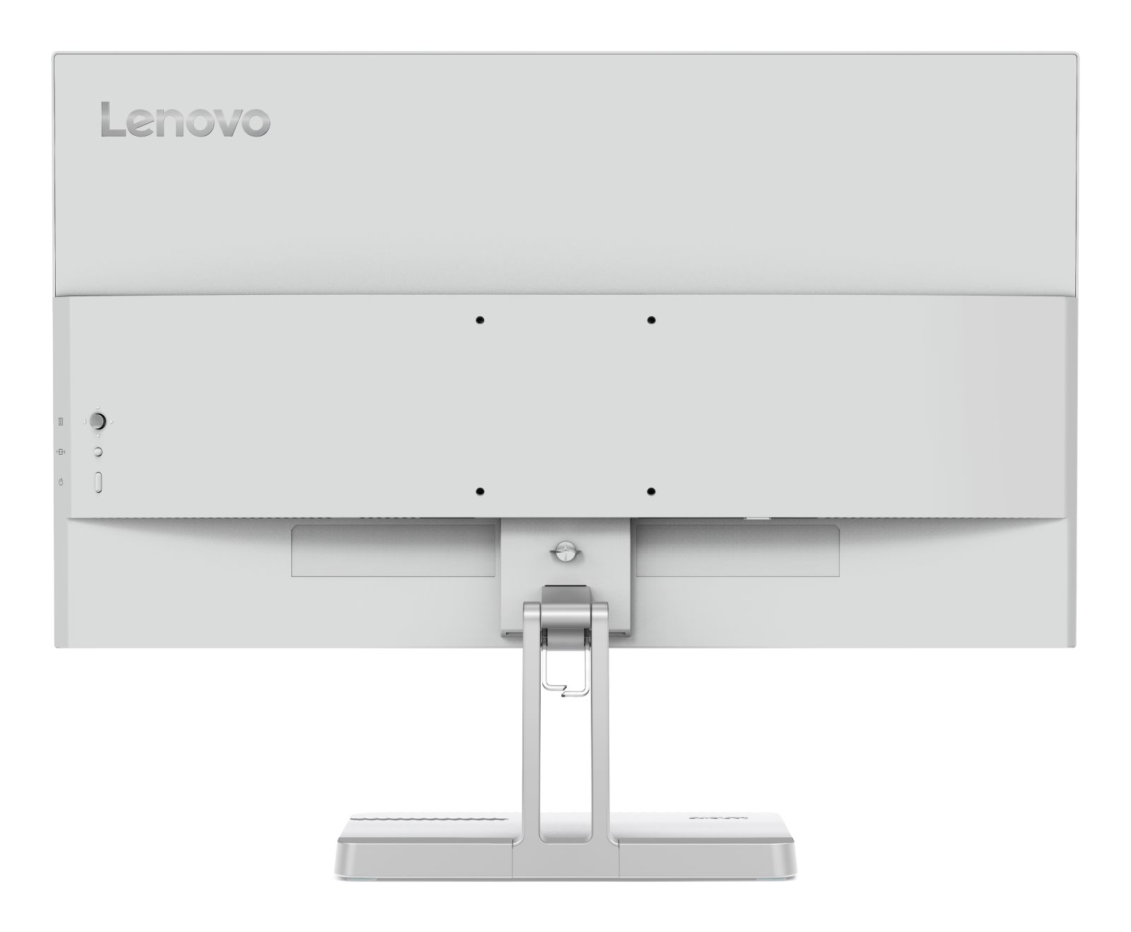 Back view of a white Lenovo monitor with ports and stand.