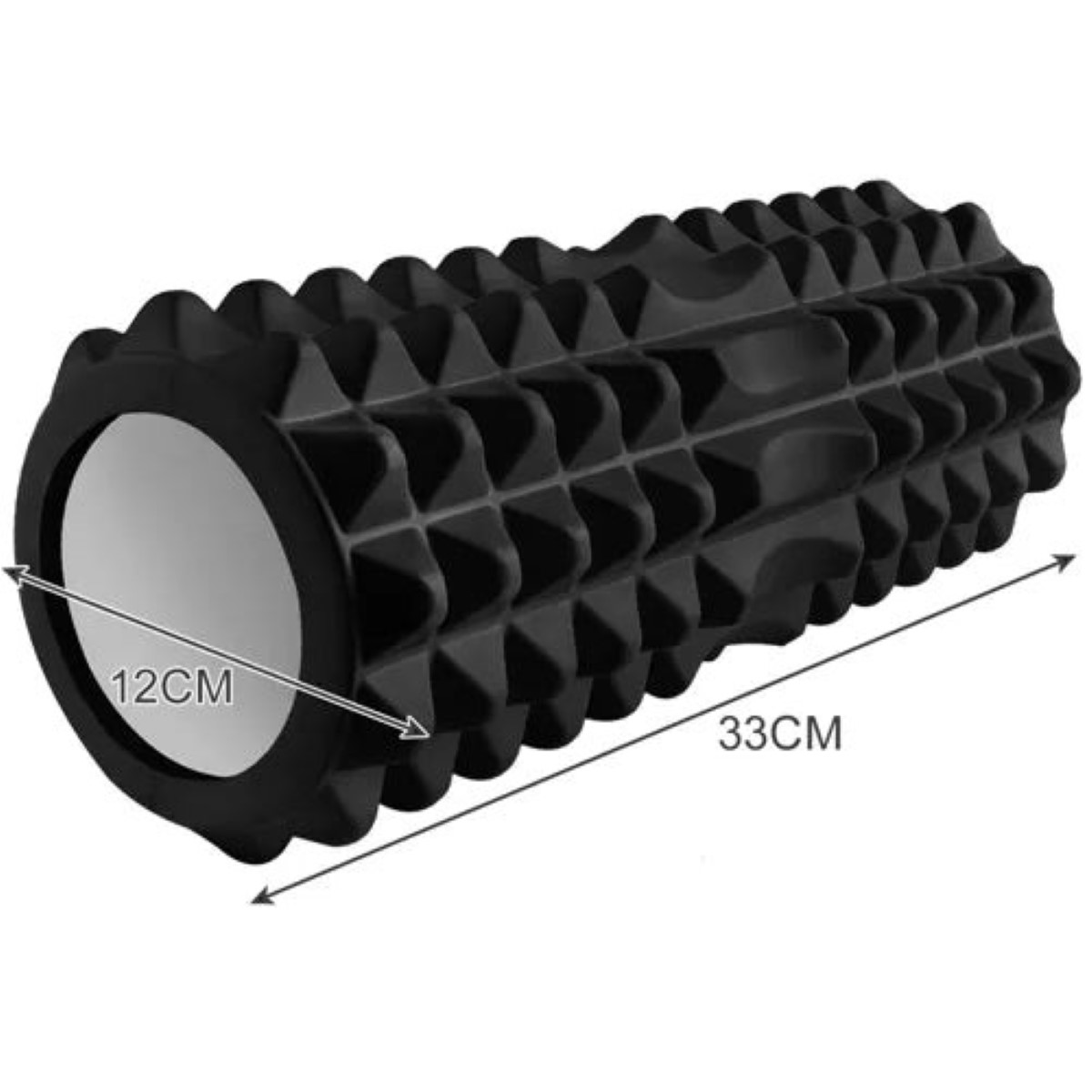 Rodillo de espuma texturizado negro de 12cm de diámetro y 33cm de largo.
