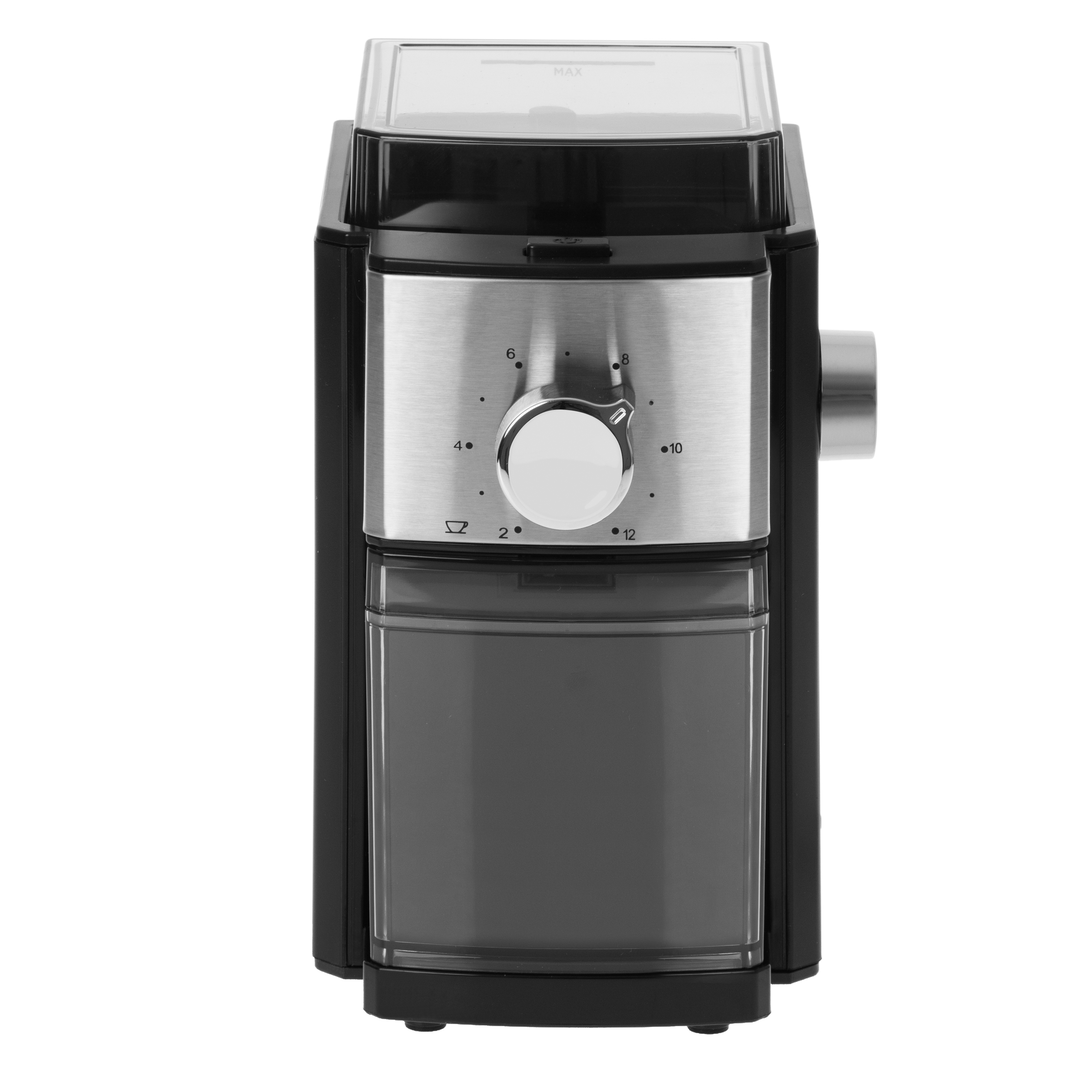 Macinacaffè con dettagli in acciaio inox e contenitore di raccolta.