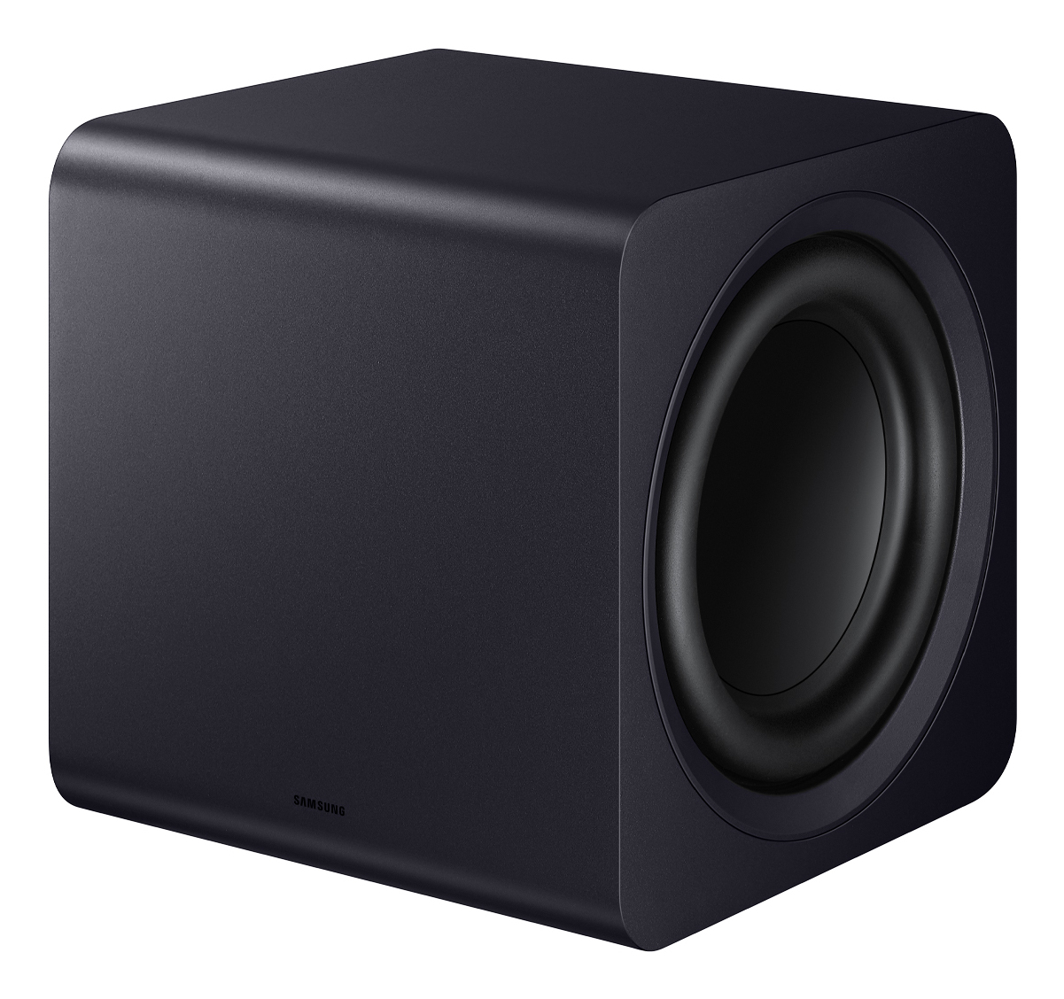 Zwarte Samsung subwoofer met ronde luidsprekerconus aan de rechterkant.