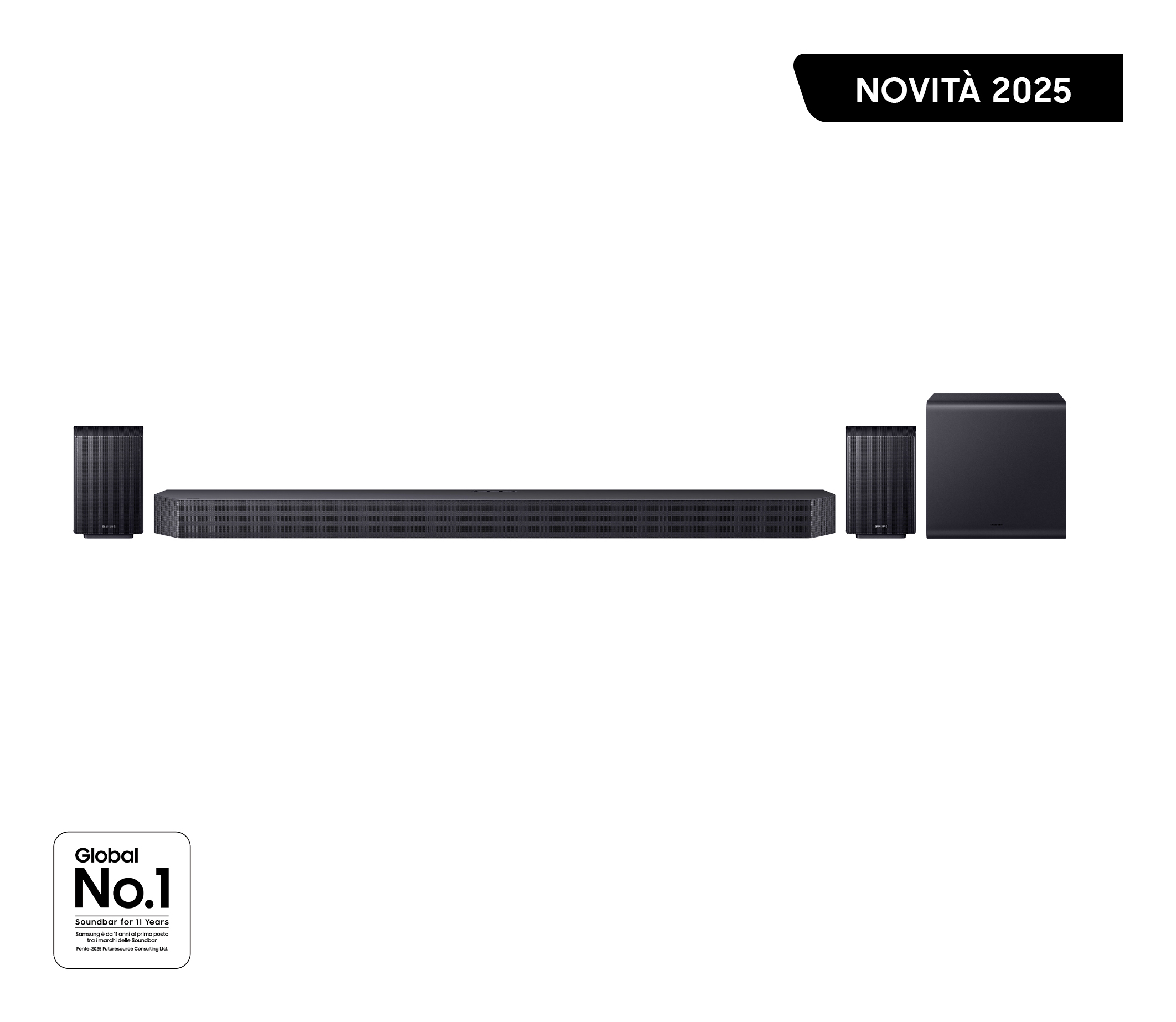 Zwarte soundbar met subwoofer en twee luidsprekers. "Nieuwigheid 2025".