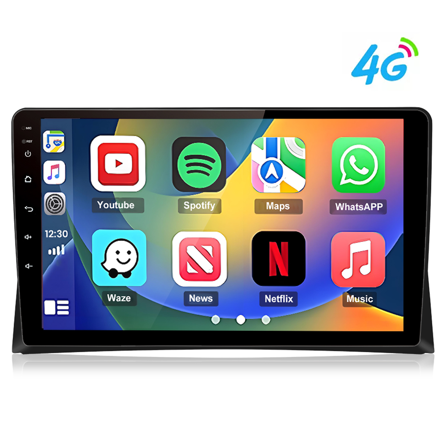 Ein Autoradio-Touchscreen zeigt Apps wie YouTube, Spotify und WhatsApp an.