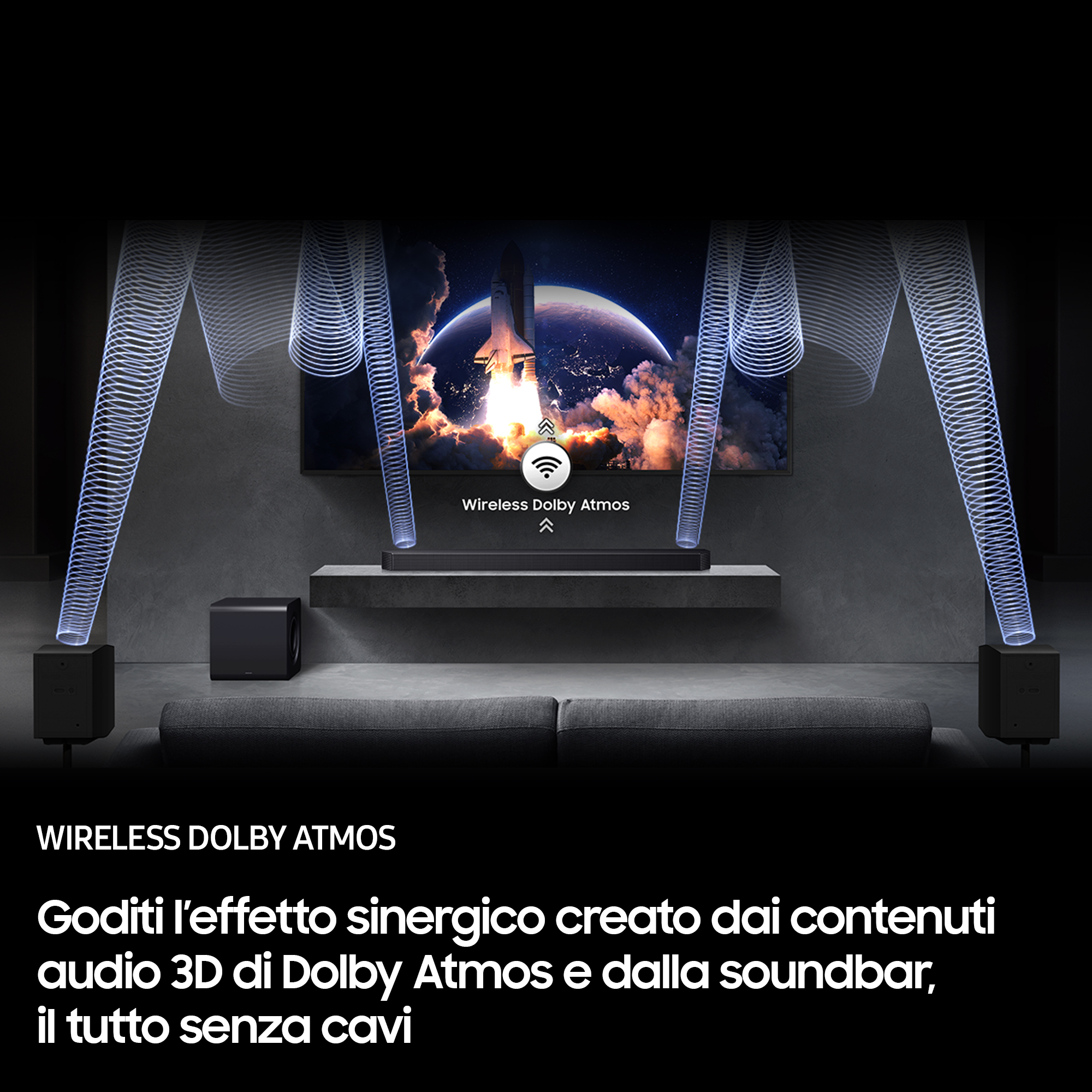 Een woonkamer met tv, soundbar, subwoofer en luidsprekers die Dolby Atmos tonen.