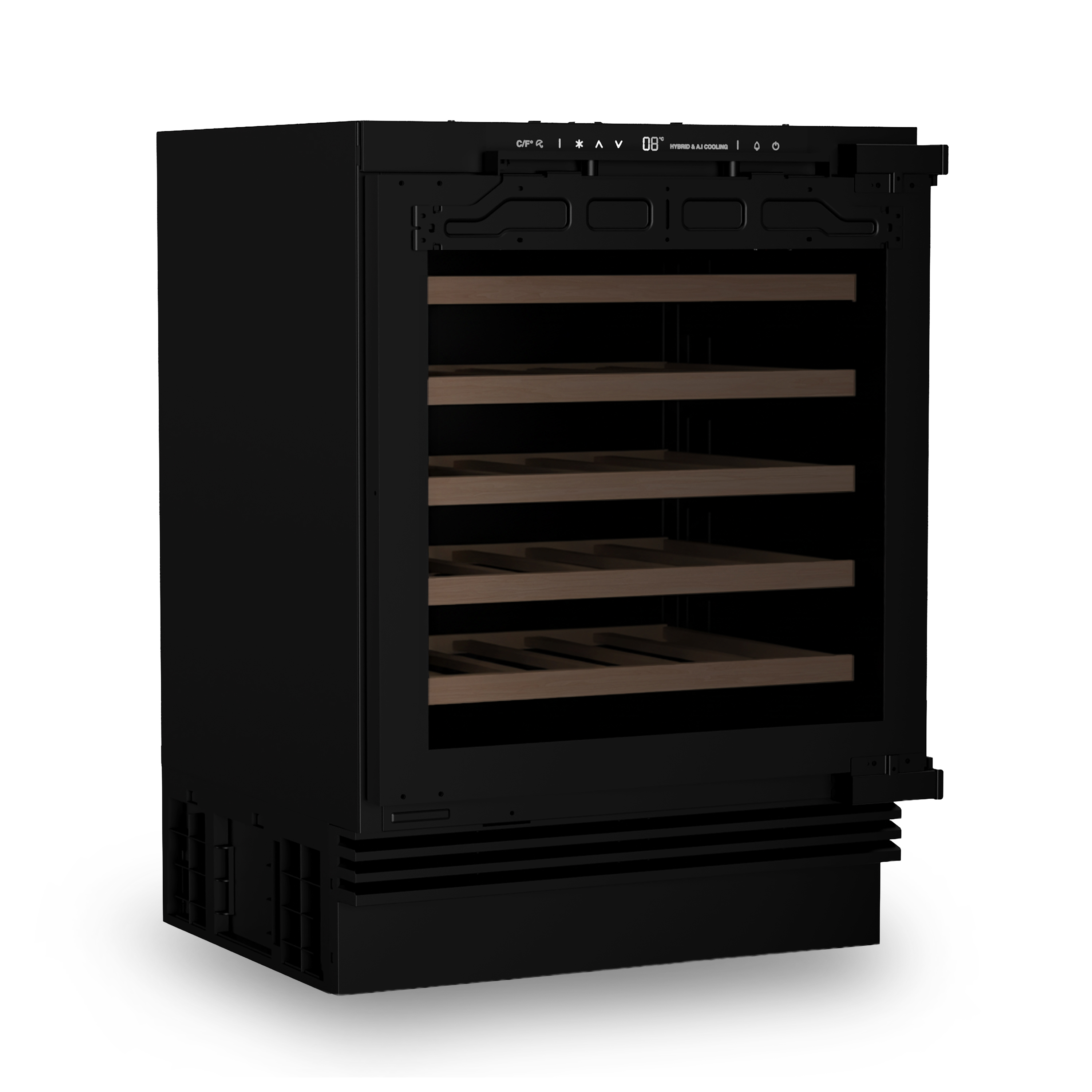 Schwarzer Weinkühlschrank mit Holzböden und digitaler Anzeige.