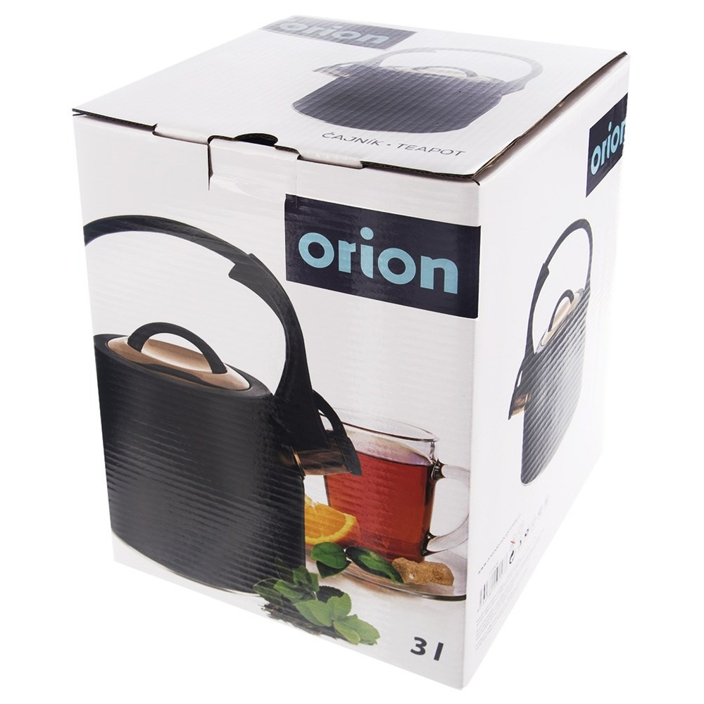 Caja de tetera Orion con tetera negra, taza de té, rodaja de naranja, menta y terrones de azúcar.