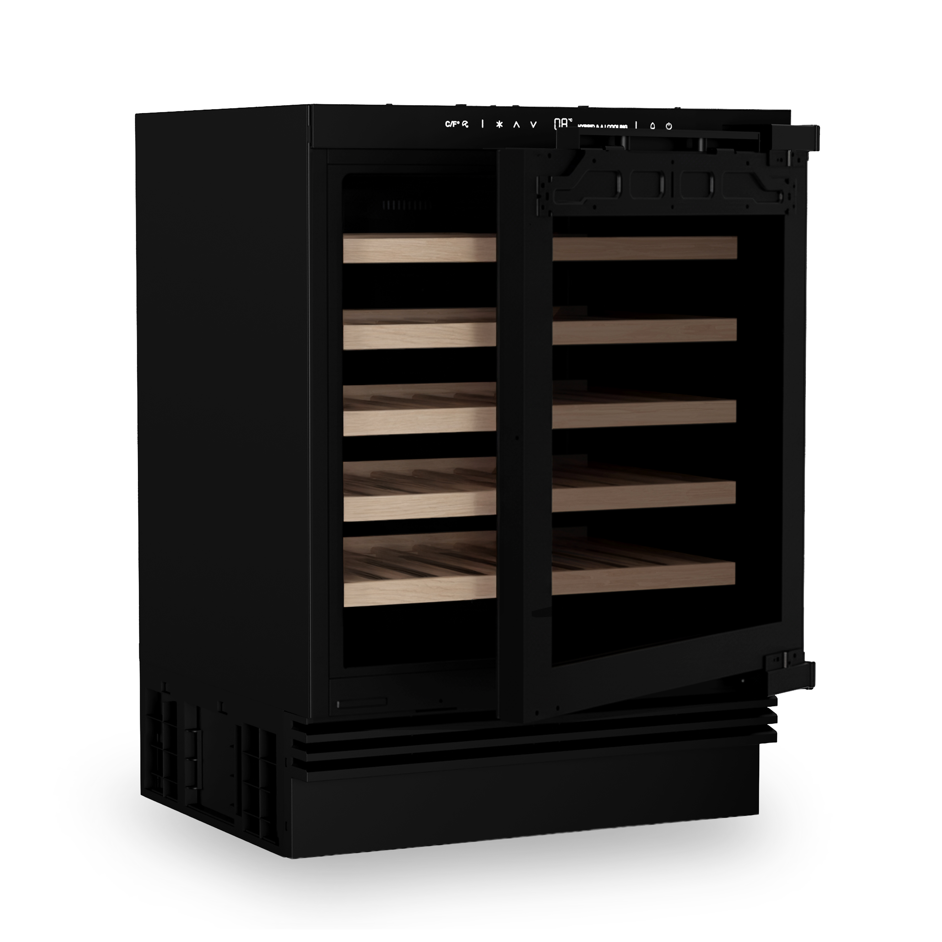 Schwarzer Weinkühlschrank mit Glastür und Holzböden.