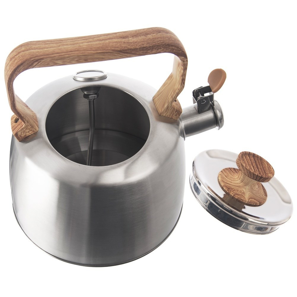 Tetera de acero inoxidable con mango de madera y termómetro. Tapa al lado.