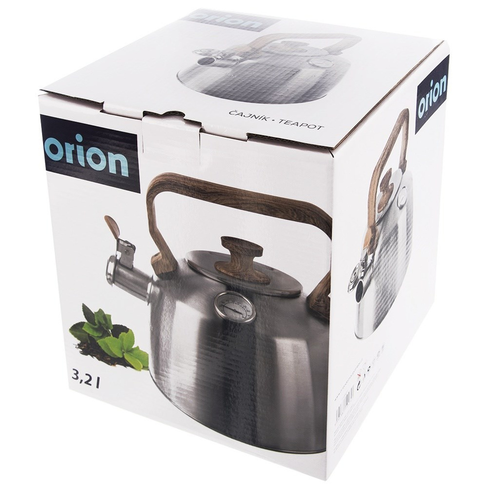 Tetera Orion de metal con asas de madera y termómetro en la caja.