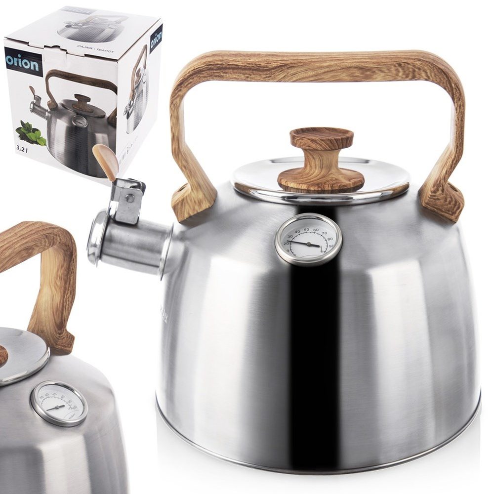 Tetera de acero inoxidable con mango de madera y termómetro.