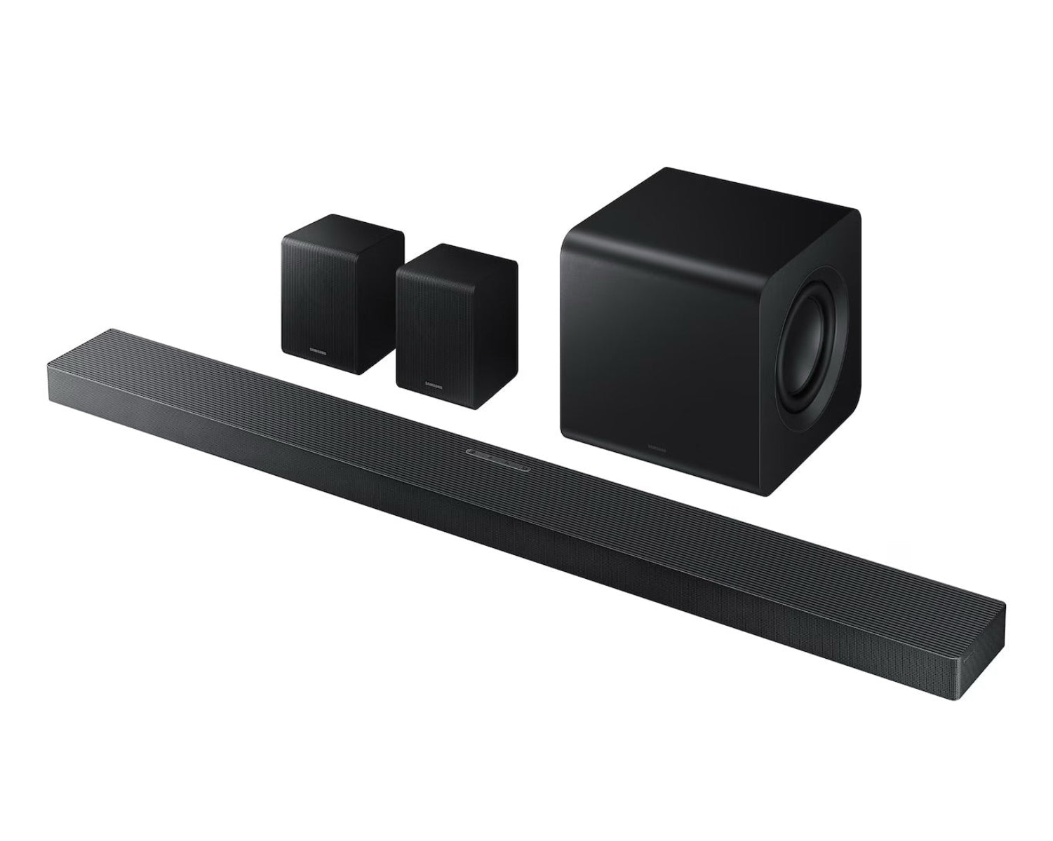 Czarna listwa dźwiękowa, subwoofer i dwa głośniki satelitarne na białym tle.