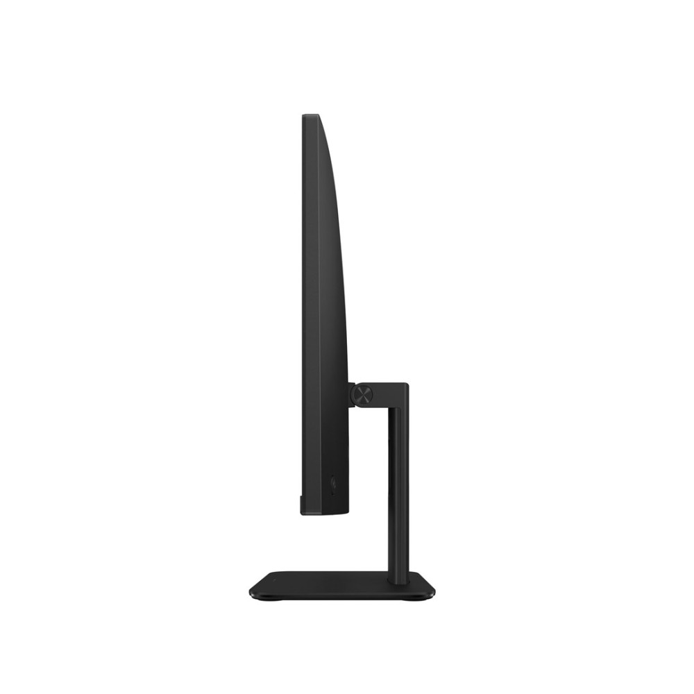 Czarny monitor z wąską ramką na czarnym stojaku, widziany z boku.