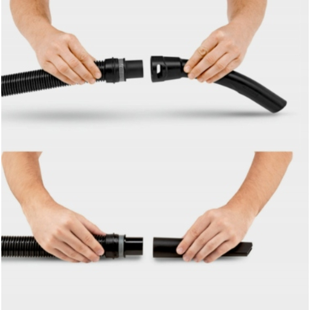 Mani collegano un tubo nero a un accessorio curvo.