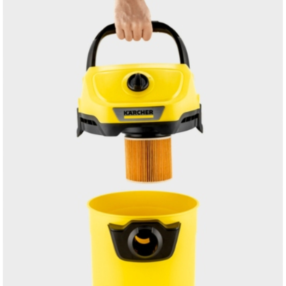 Testa aspirapolvere Karcher gialla con filtro arancione sopra il contenitore.