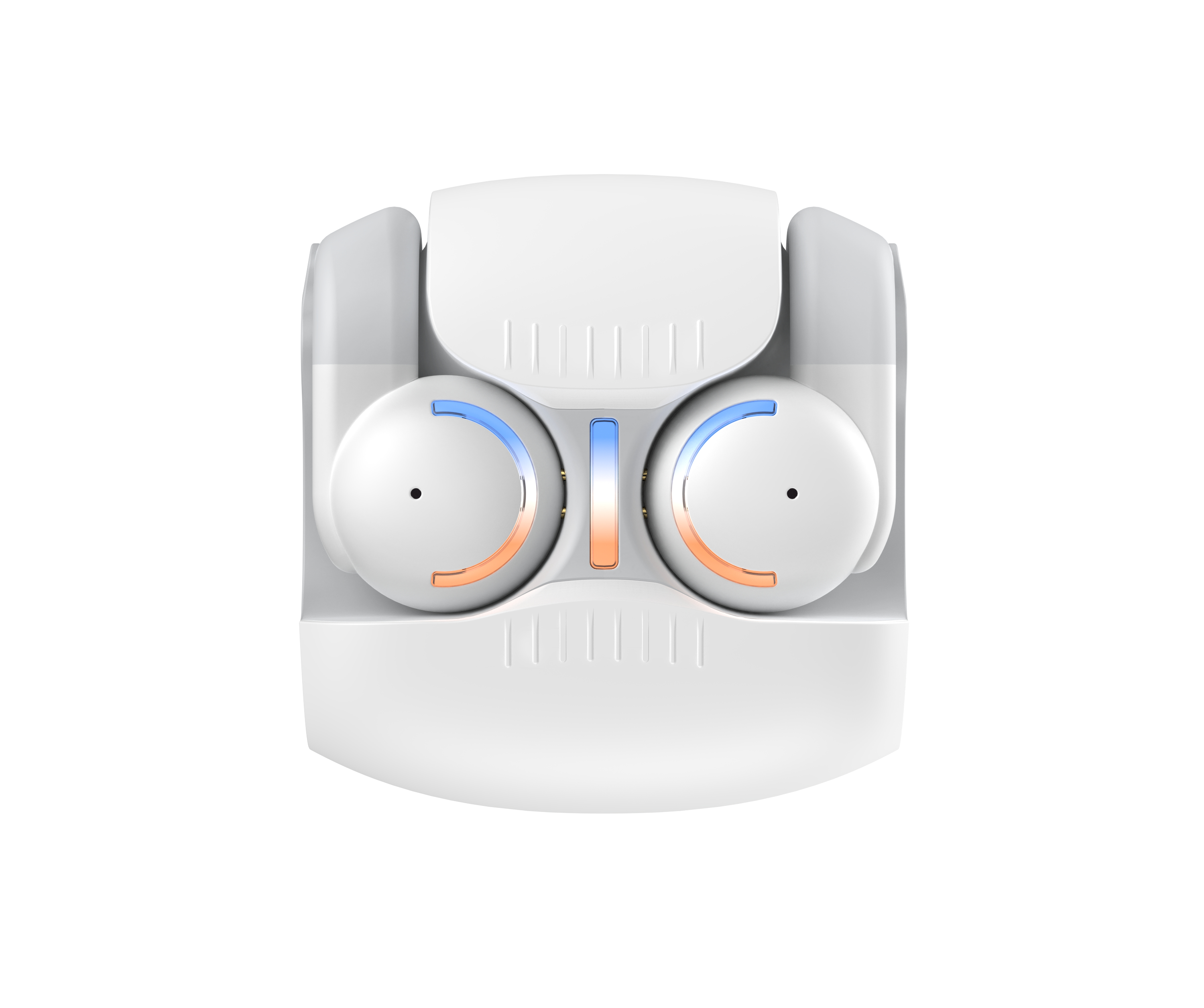 Biała stacja ładująca z dwoma okrągłymi podkładkami ładującymi, niebiesko-pomarańczowym światłem.