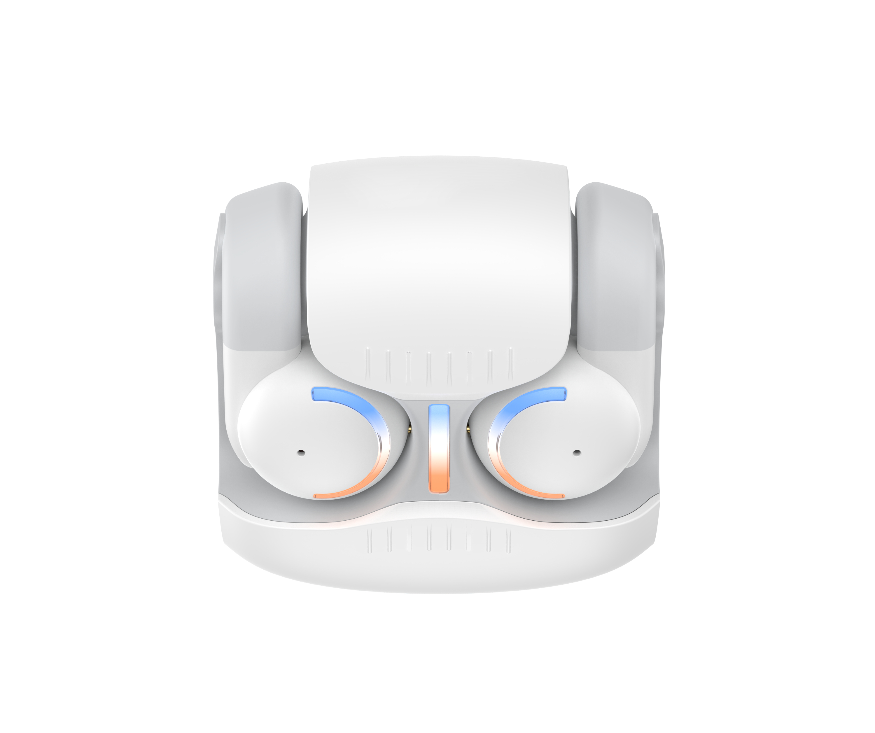 Białe etui na słuchawki bezprzewodowe z niebieskimi i pomarańczowymi akcentami.