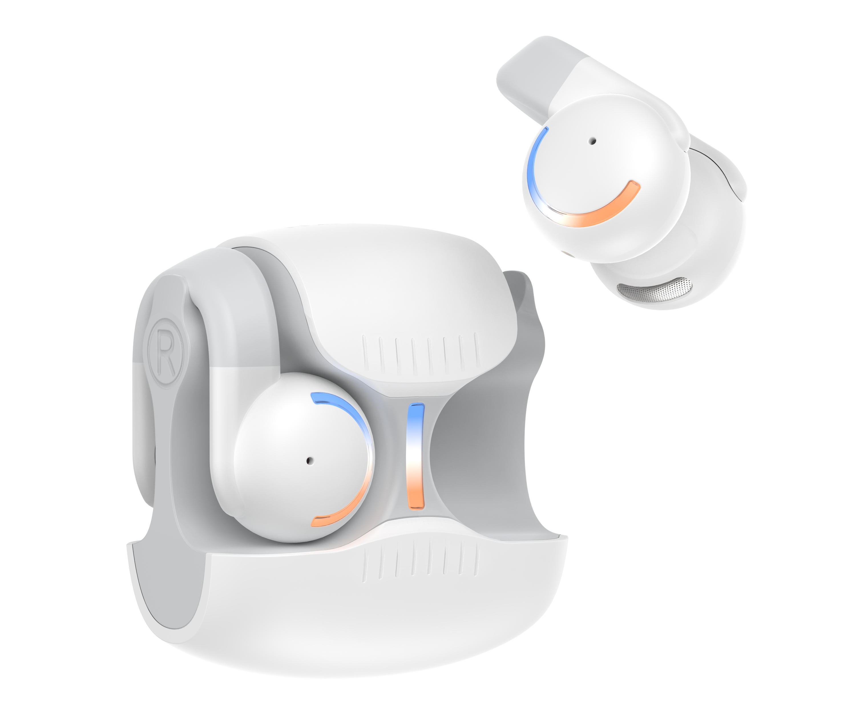 Białe słuchawki z etui ładującym. Świecą się niebieskie i pomarańczowe światła.