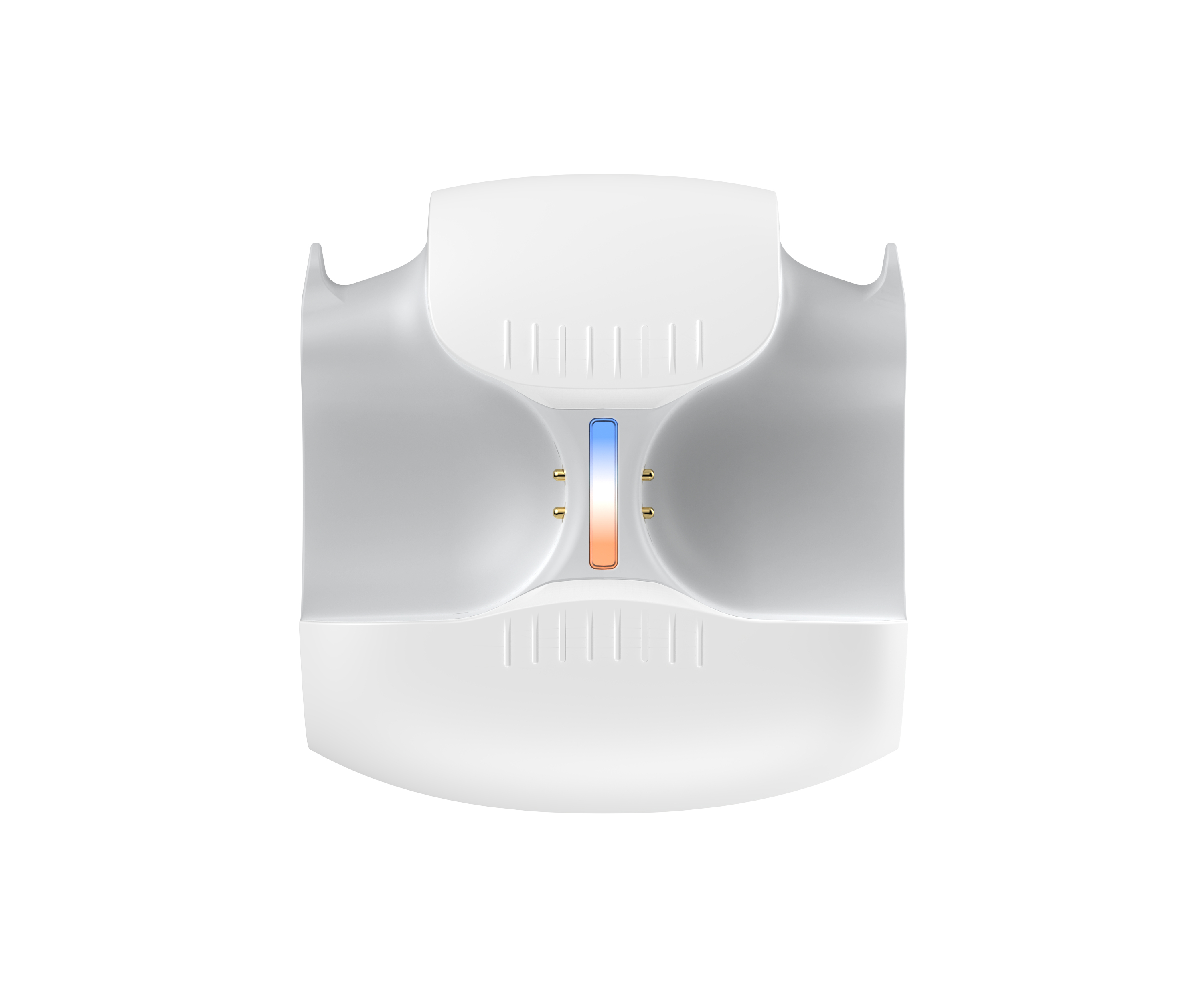 Białe urządzenie z pionowym paskiem przechodzącym z niebieskiego w pomarańczowy.