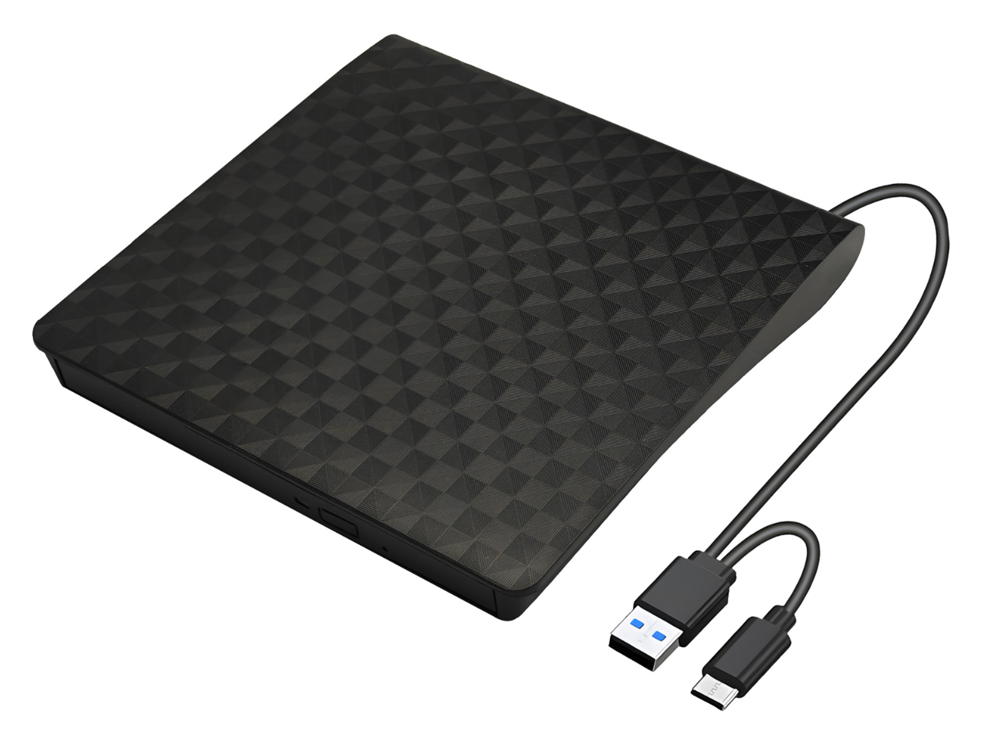 Lettore CD/DVD esterno nero con connettori USB-C e USB-A.