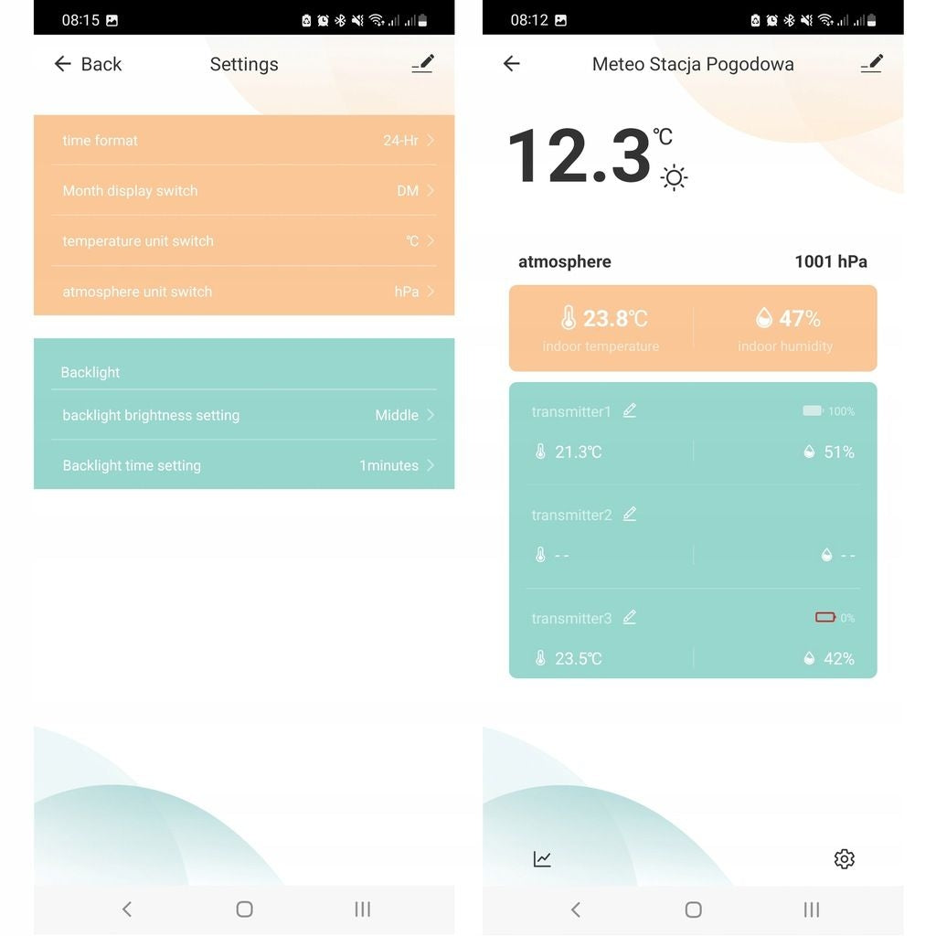 Dos pantallas de teléfono: configuración y datos meteorológicos con temperatura y humedad.