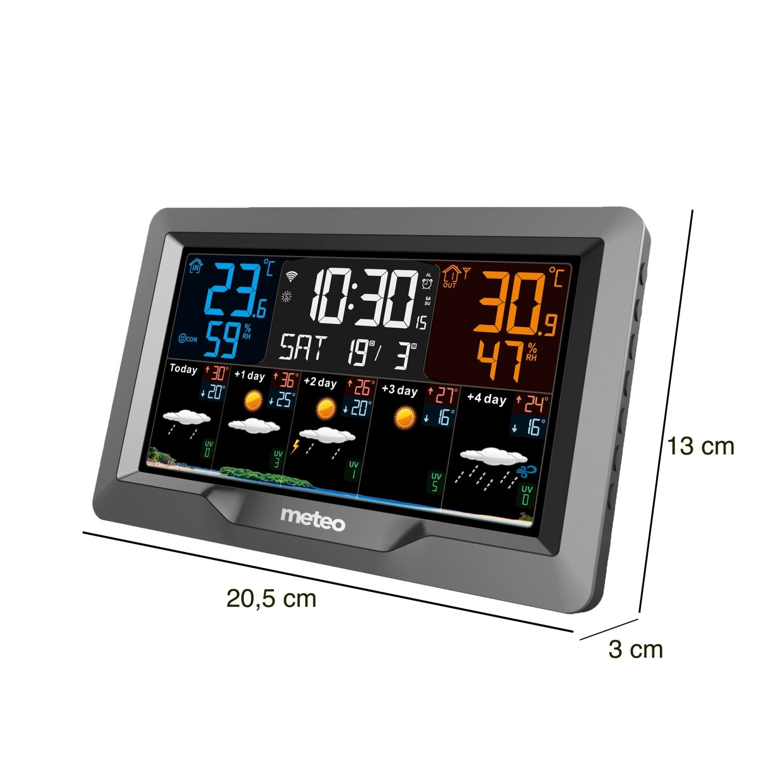 Estación meteorológica digital mostrando temp. interior/exterior, hora, fecha y pronóstico 5 días.