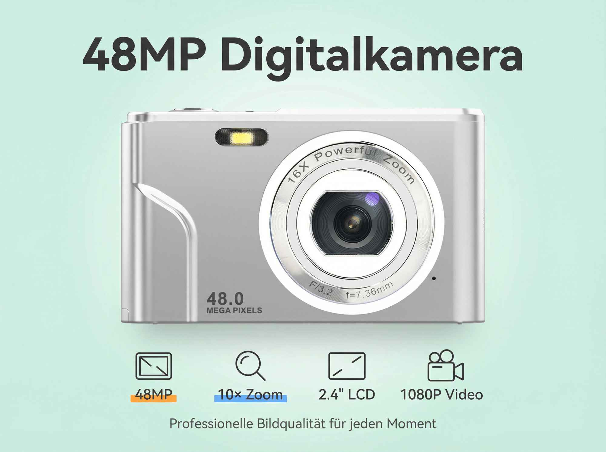 Silberne Digitalkamera mit 48MP, 16x Zoom und 2,4-Zoll-LCD-Bildschirm.