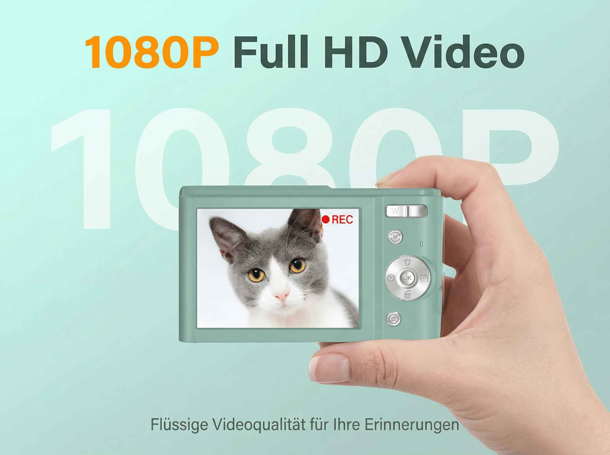 Eine Hand hält eine mintgrüne Kamera mit einem Katzenfoto auf dem Bildschirm.