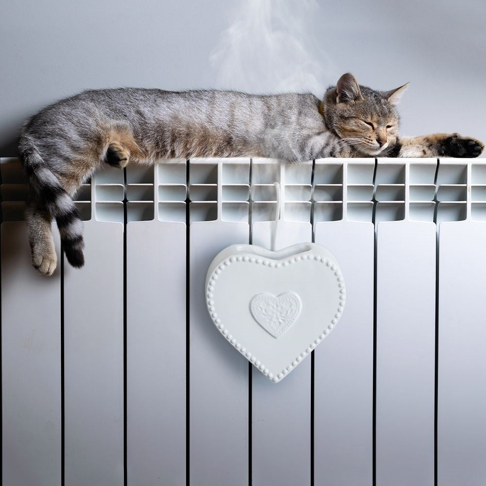 Un gato atigrado duerme en un radiador blanco, con una decoración de corazón colgando.