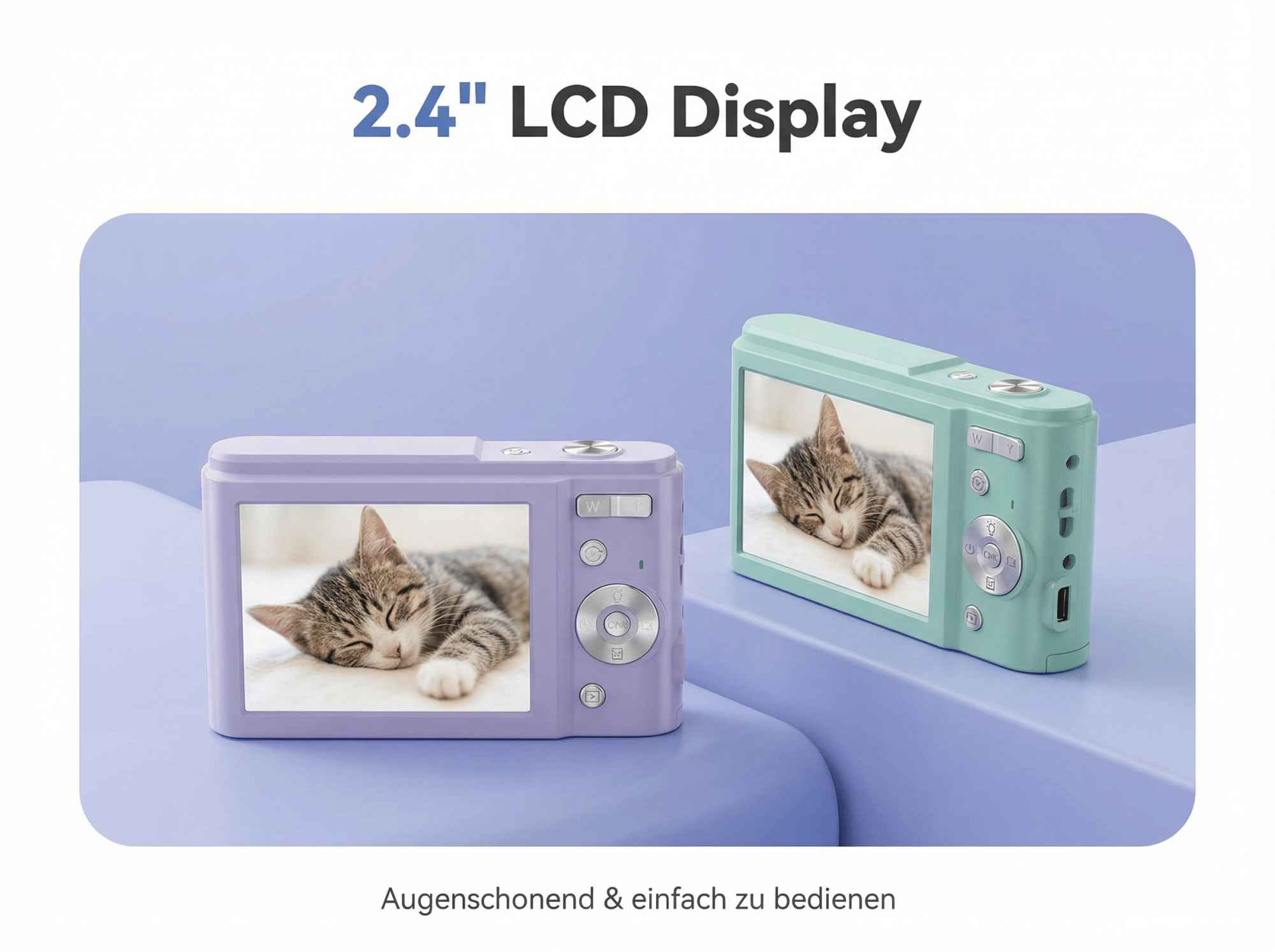Zwei Digitalkameras, eine lila, eine mintgrün, zeigen schlafende Katzenbabys.