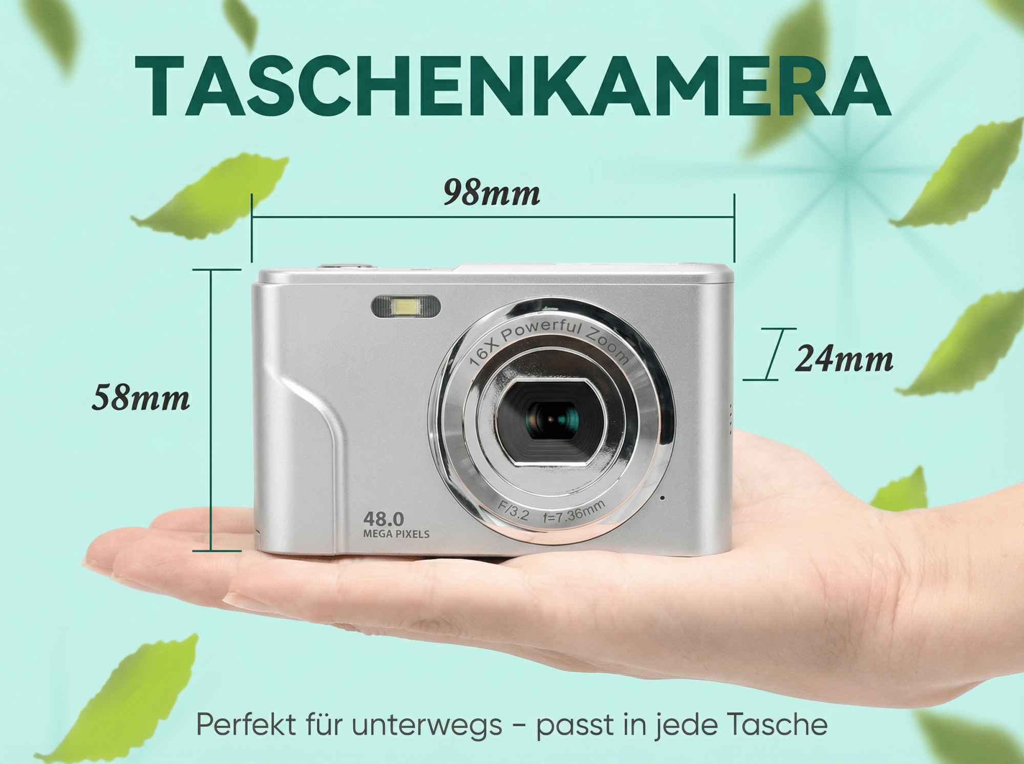 Silberne Digitalkamera auf einer Hand, mit Maßen 98x58x24mm.