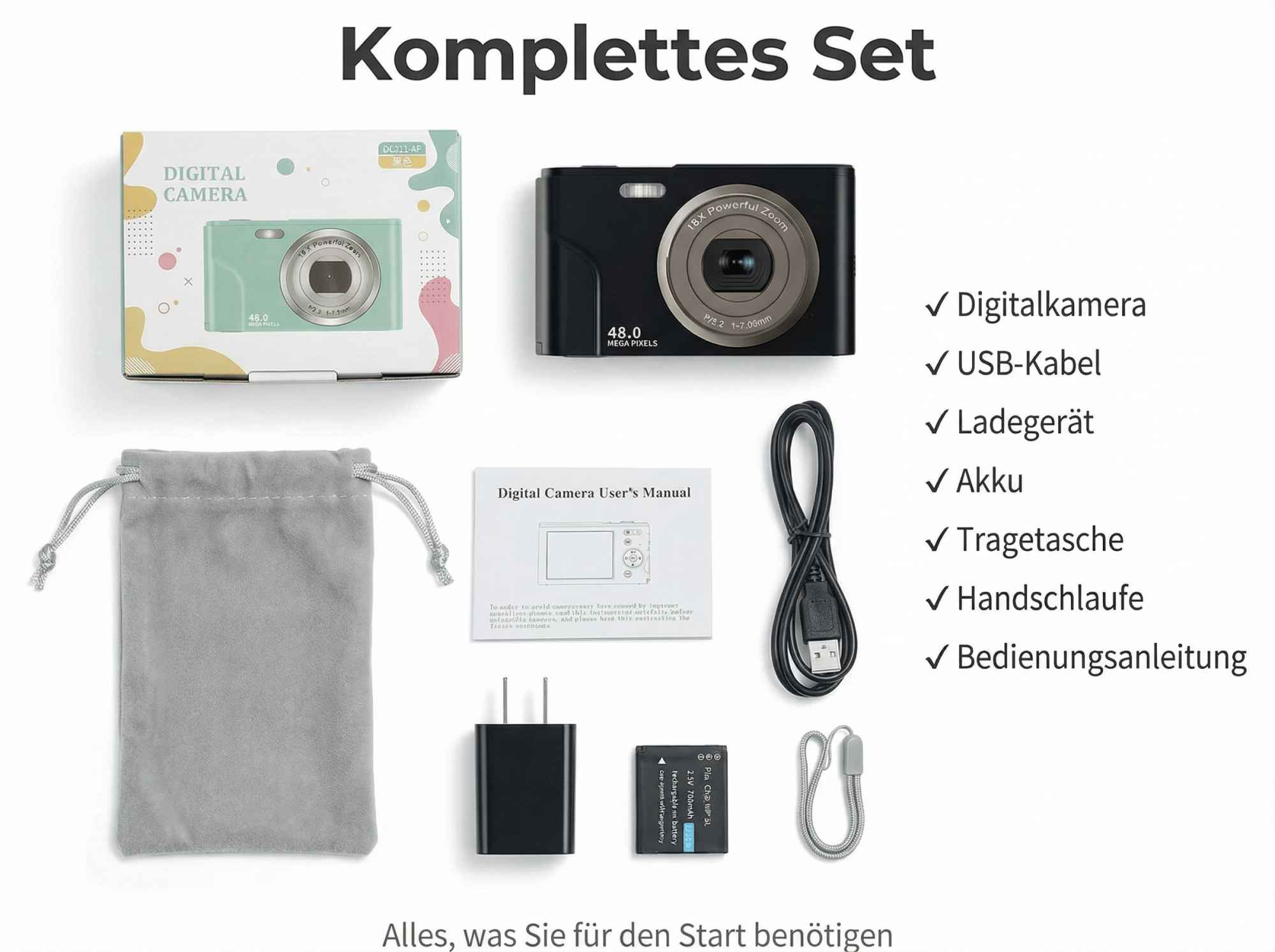 Ein Set mit Digitalkamera, Zubehör wie Kabel, Ladegerät, Akku und Tasche.