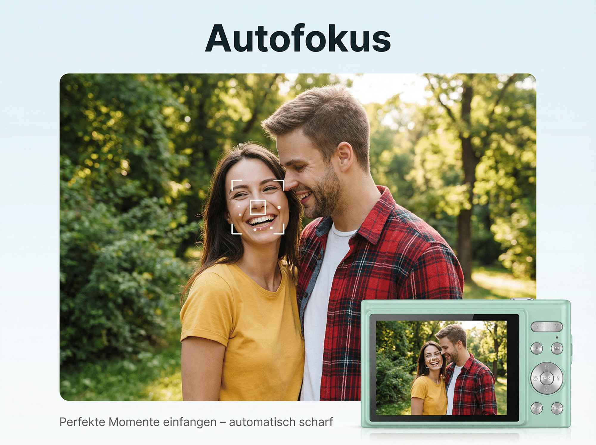 Ein lächelndes Paar im Freien, eine Kamera zeigt sie mit Autofokusrahmen.